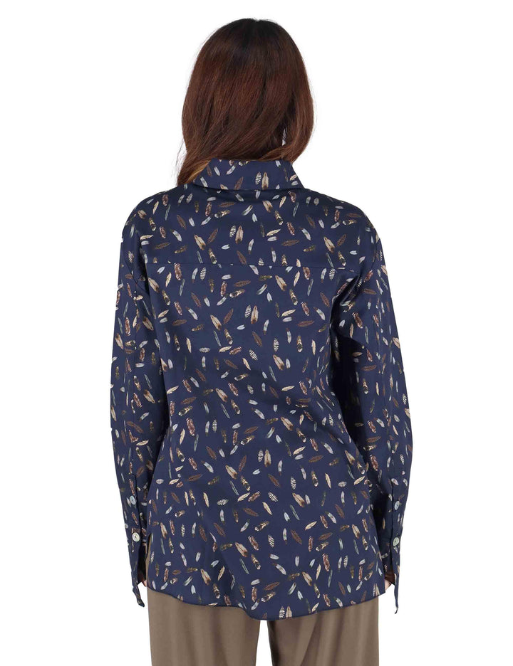 Camicie donna in cotone blu a fantasia con rouches 3W25-CANNA PIUMA NIGHT TreBarraBi 