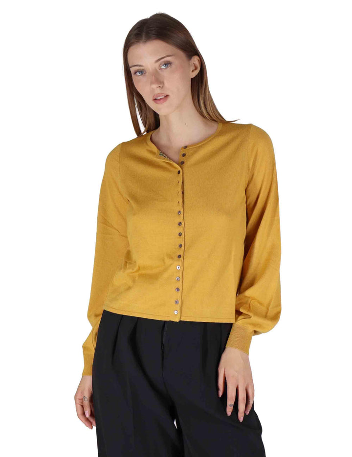 Cardigan donna New Merinos Bland in lana senape a girocollo con bottoncini JN369778199 70013 Maliparmi 