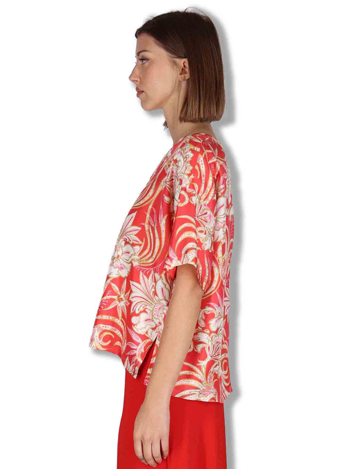 Camicie donna Collection Print in seta rossa a fantasia con maniche a 3/4 JM559031027 B3040 Maliparmi 