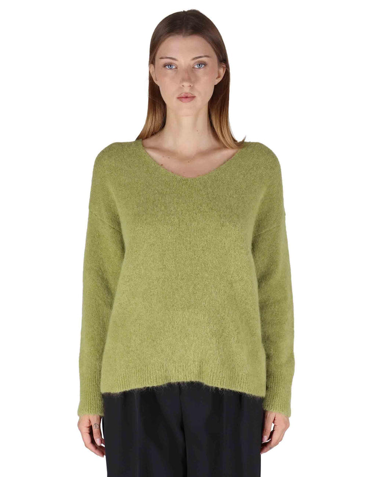 Maglioni donna in lana alpaca verde con ampio scollo a V JABMF0025-G074 7013 Justmine 