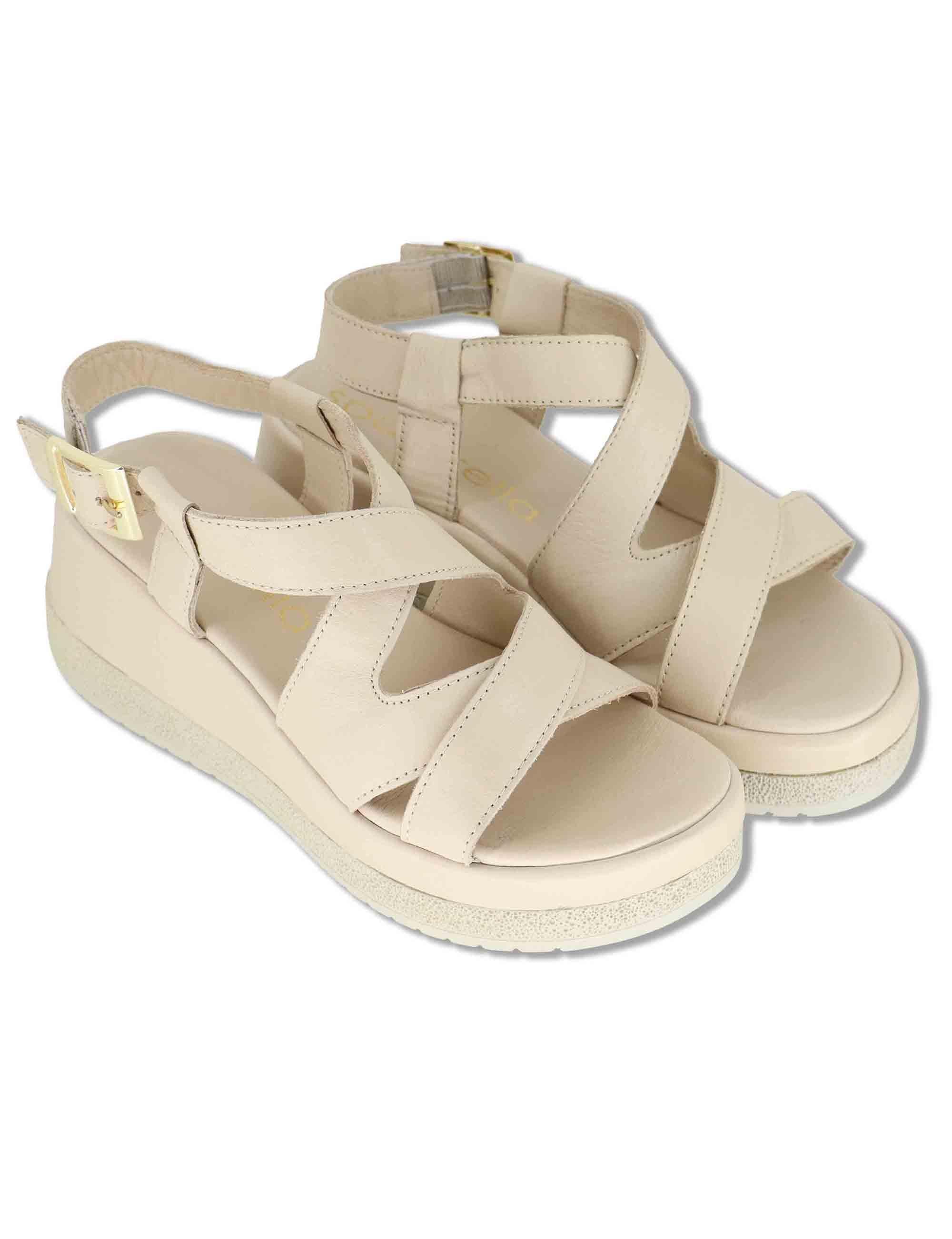 Sandali donna slingback in pelle beige con zeppa e cinturino regolabile SP261354 020 Spatarella 