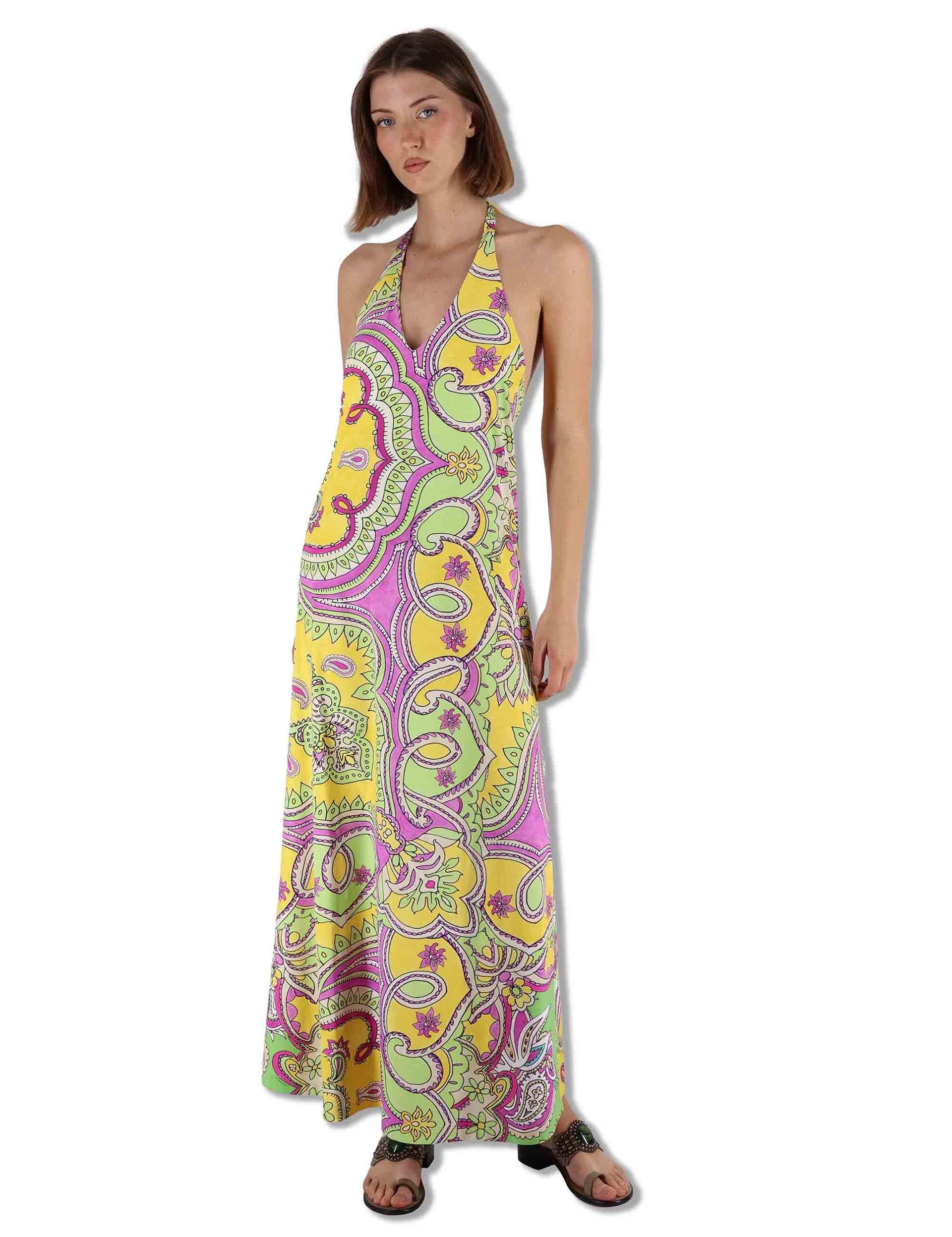 Abiti donna Hippie Lotus in tessuto stampato verde e blu senza maniche JF671170671 D6084 Maliparmi 