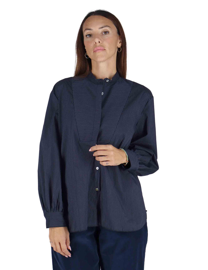 Camicie donna in cotone blu con maniche lunghe e collo alla coreana 3W25-CERRO PIN NIGHT TreBarraBi 