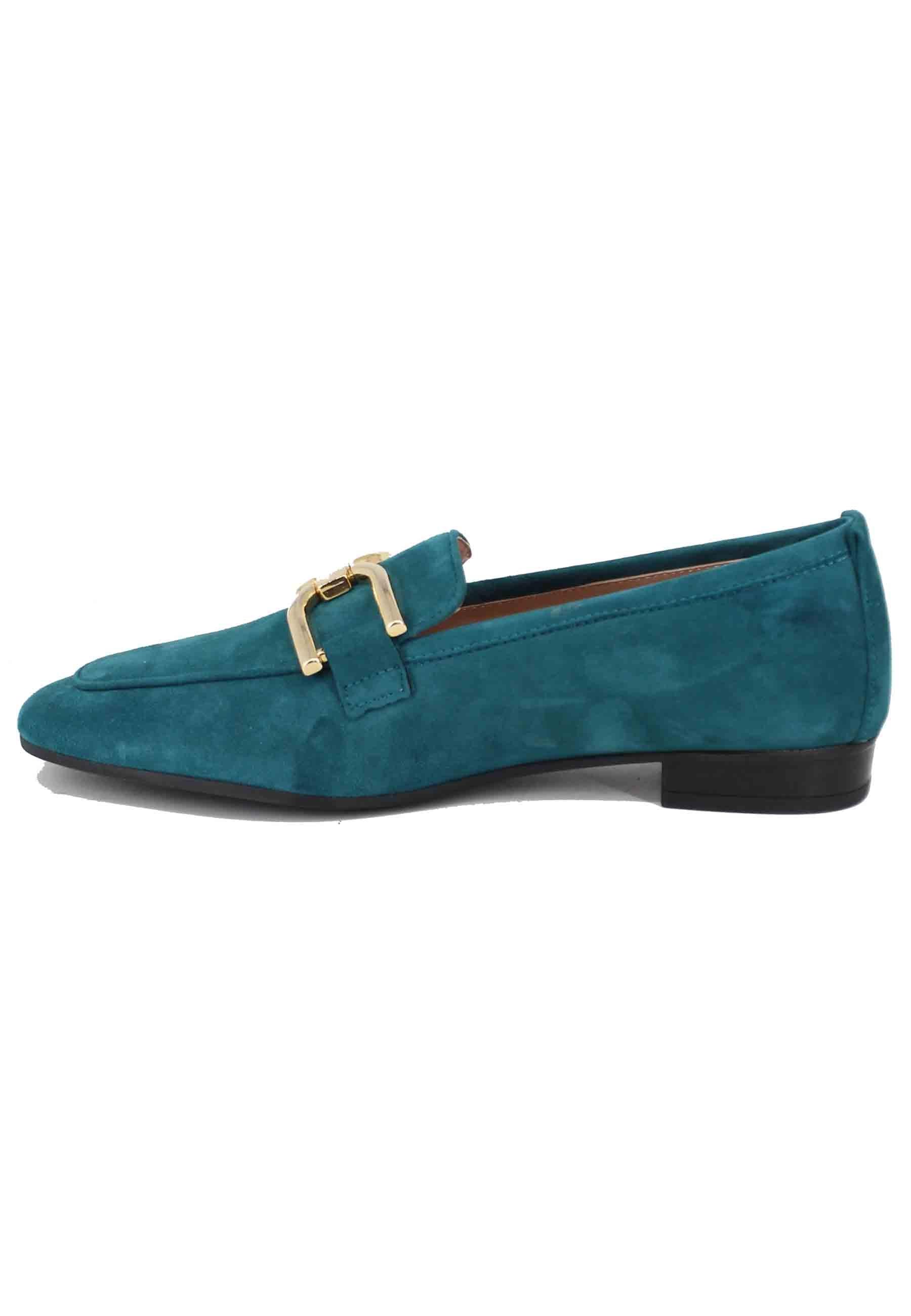 Mocassini donna in camoscio petrolio con morsetto oro BAXTER KS DARK TEAL Unisa 