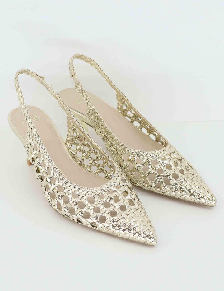 Slingback donna in tessuto oro con tacco gioiello U4700851357L 851 G Exe 