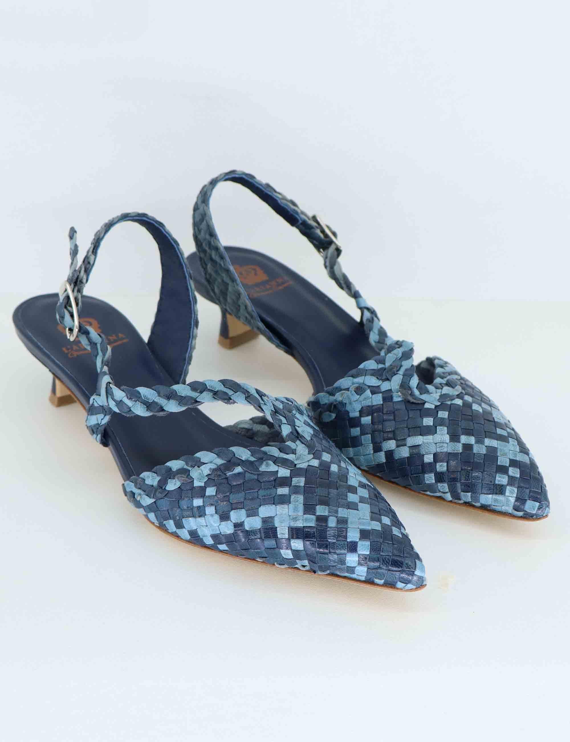 Slingback donna in pelle intrecciata blu tacco basso CH2568/RT 003 L'Arianna 