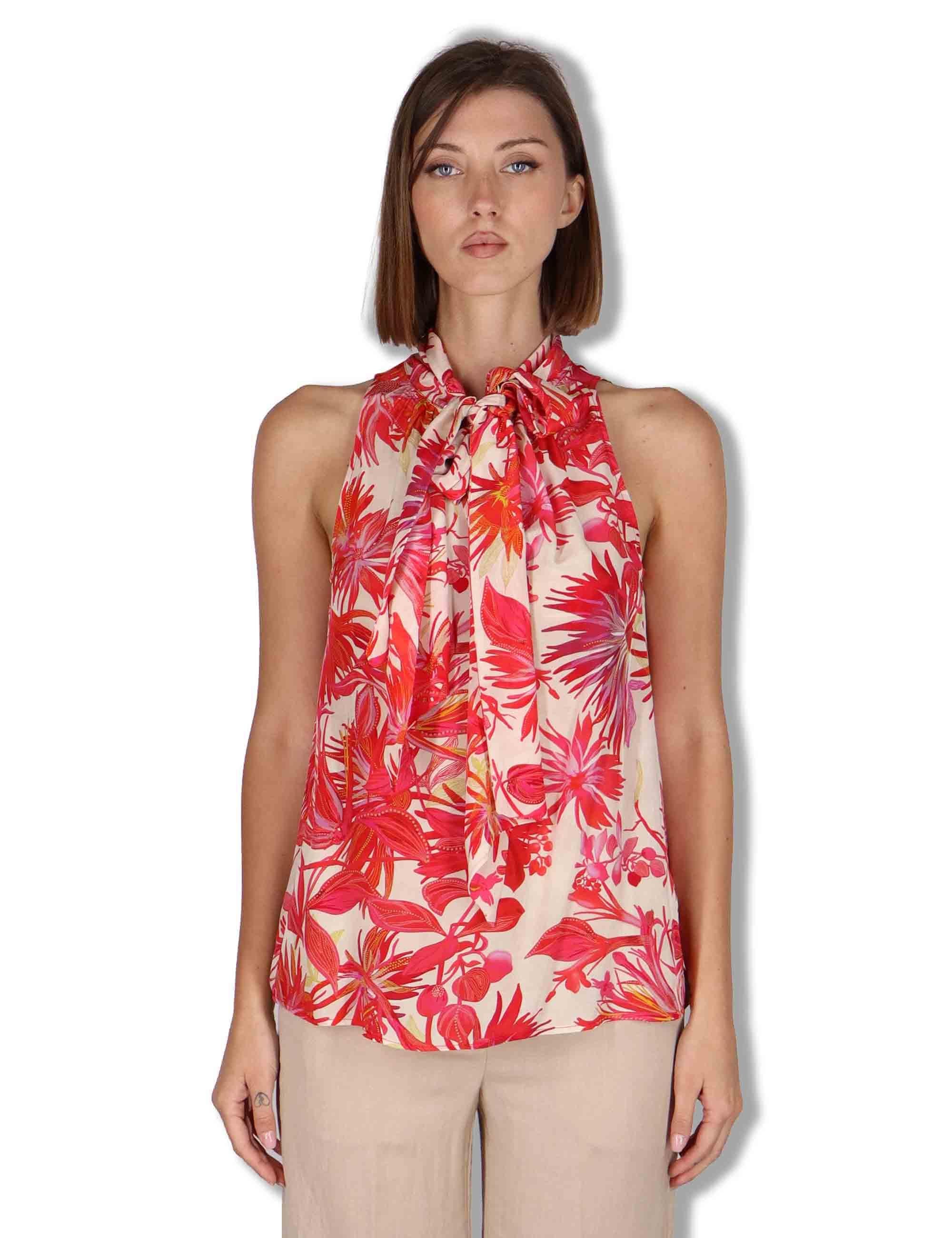 Top donna Botanic Jungle in viscosa rossa floreale con fusciacca JP555850663 B3039 Maliparmi 