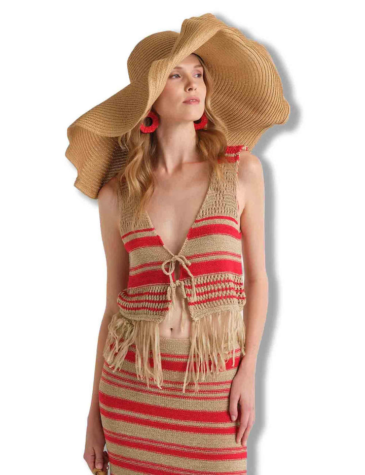 Gilet corto donna Knit Tape in tessuto rigato naturale e rosso con frange JE113078214 11B30 Maliparmi 