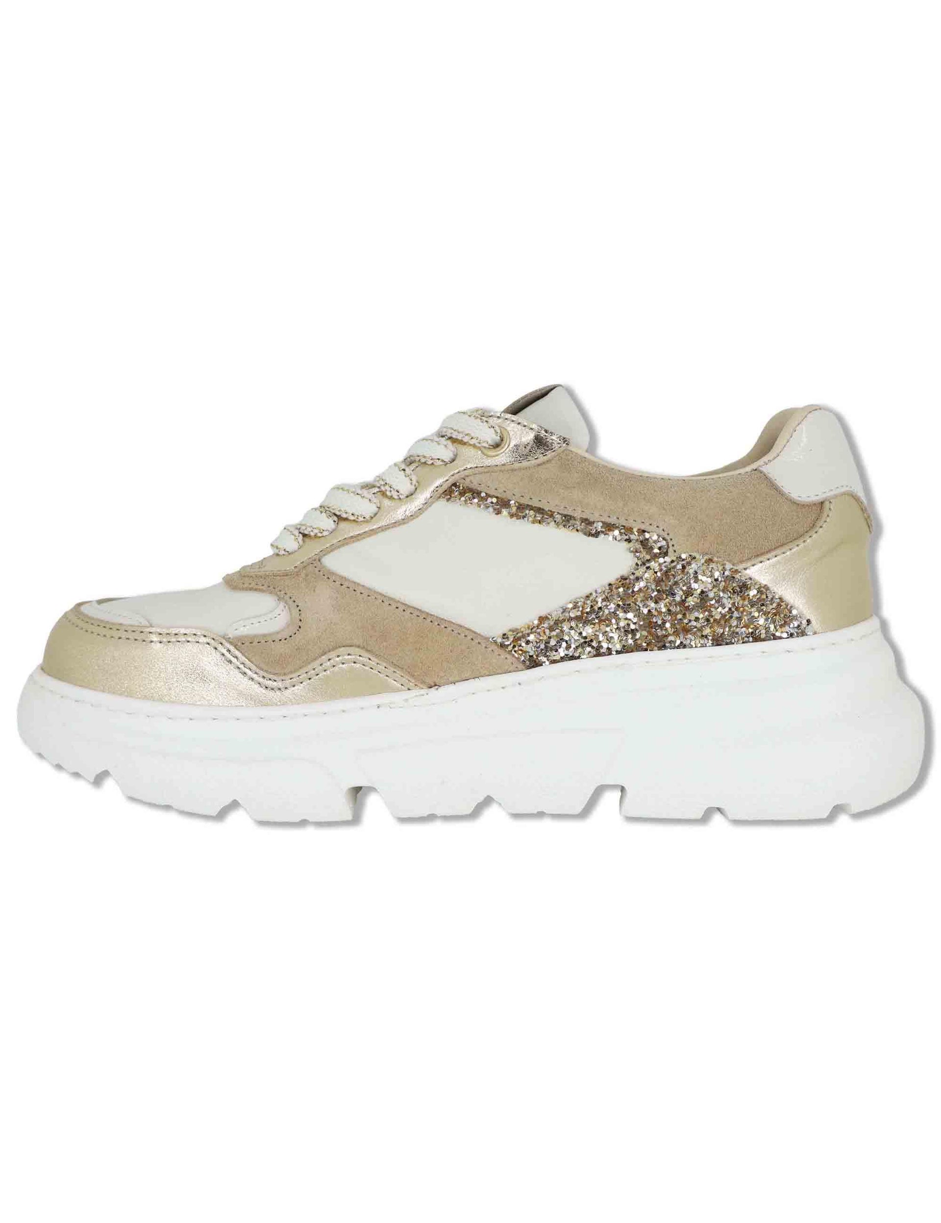 Sneakers donna in pelle platino con glitter e suola alta SP60167 022 Spatarella 