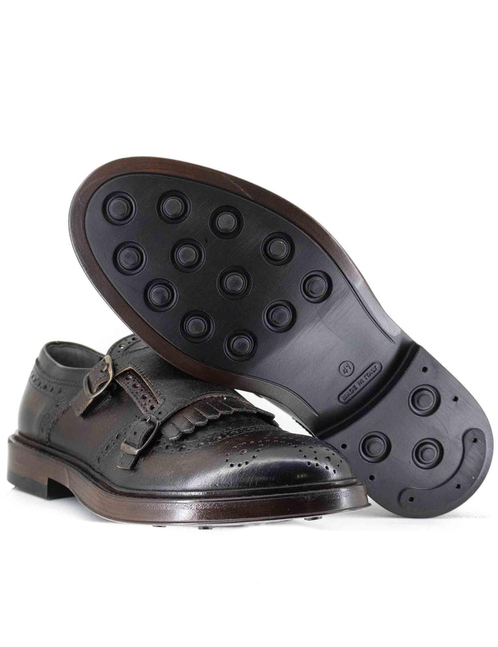 Mocassini uomo in pelle marrone con doppia fibbia e frange SP4001 014 Spatarella 
