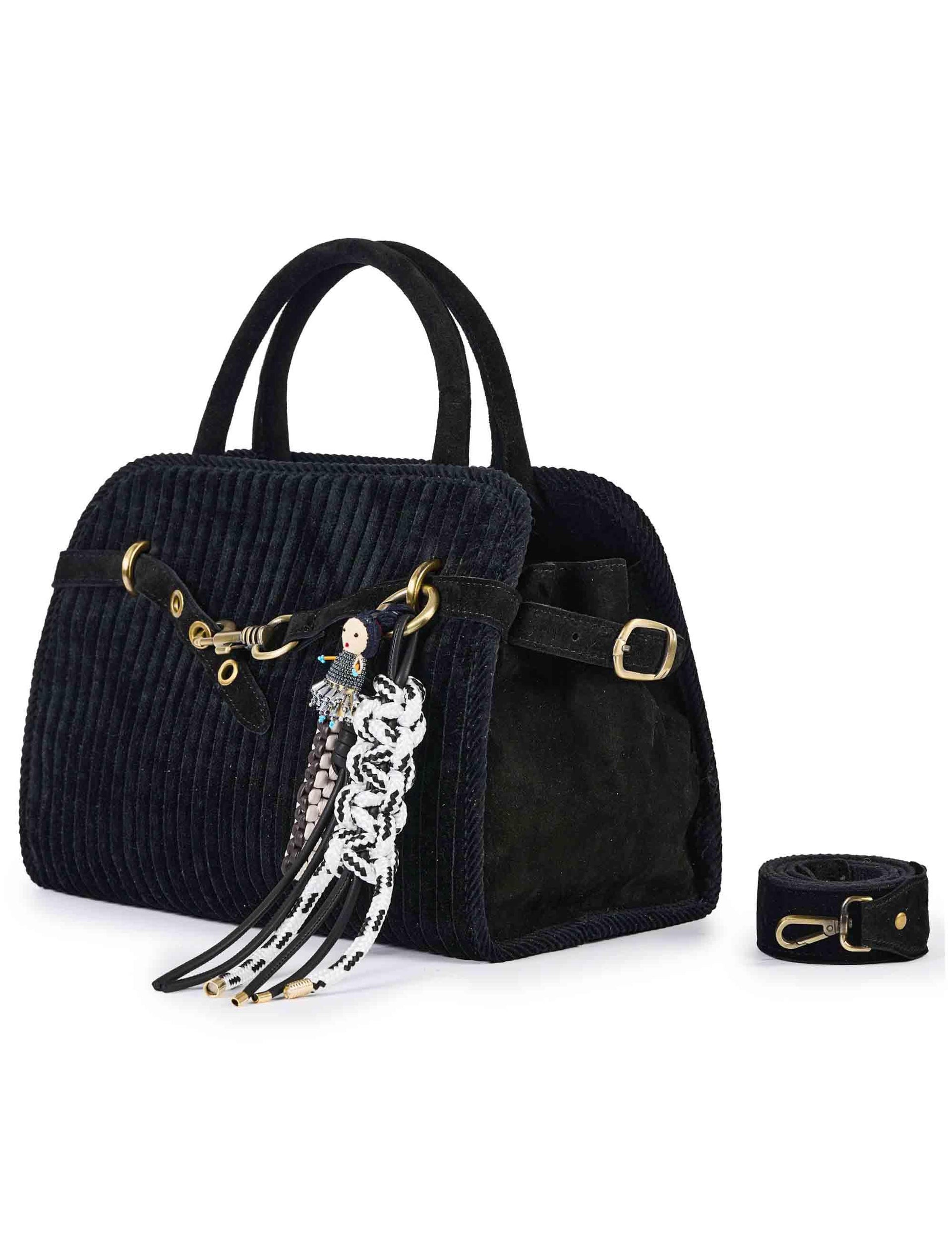 Borse donna in velluto nero con charms doppi manici e tracolla APRIL E07 Via Mail Bag 