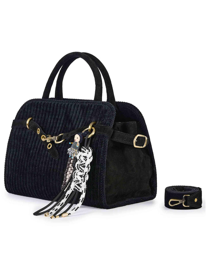 Borse donna in velluto nero con charms doppi manici e tracolla APRIL E07 Via Mail Bag 