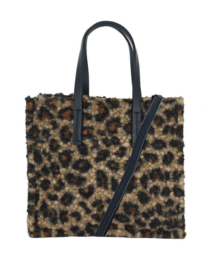 Tote bag in tessuto animalier con doppi manici e tracolla removibile MEZZA UMILTA CHEETAE Kassiopea 