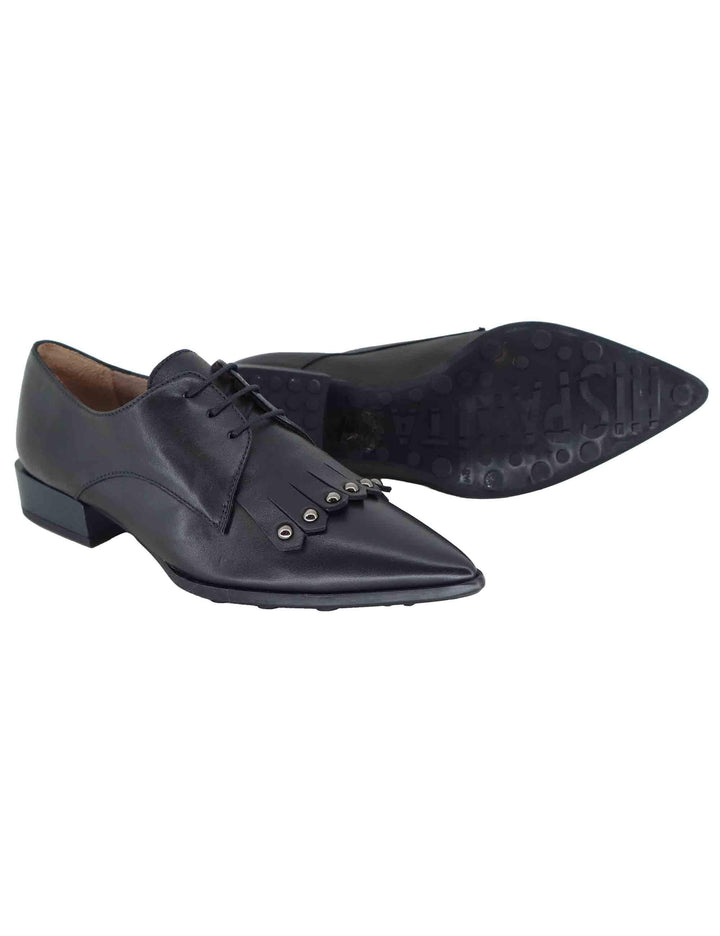 Stringate donna in pelle nera con frange e tecco basso HI254263 C002 Hispanitas 
