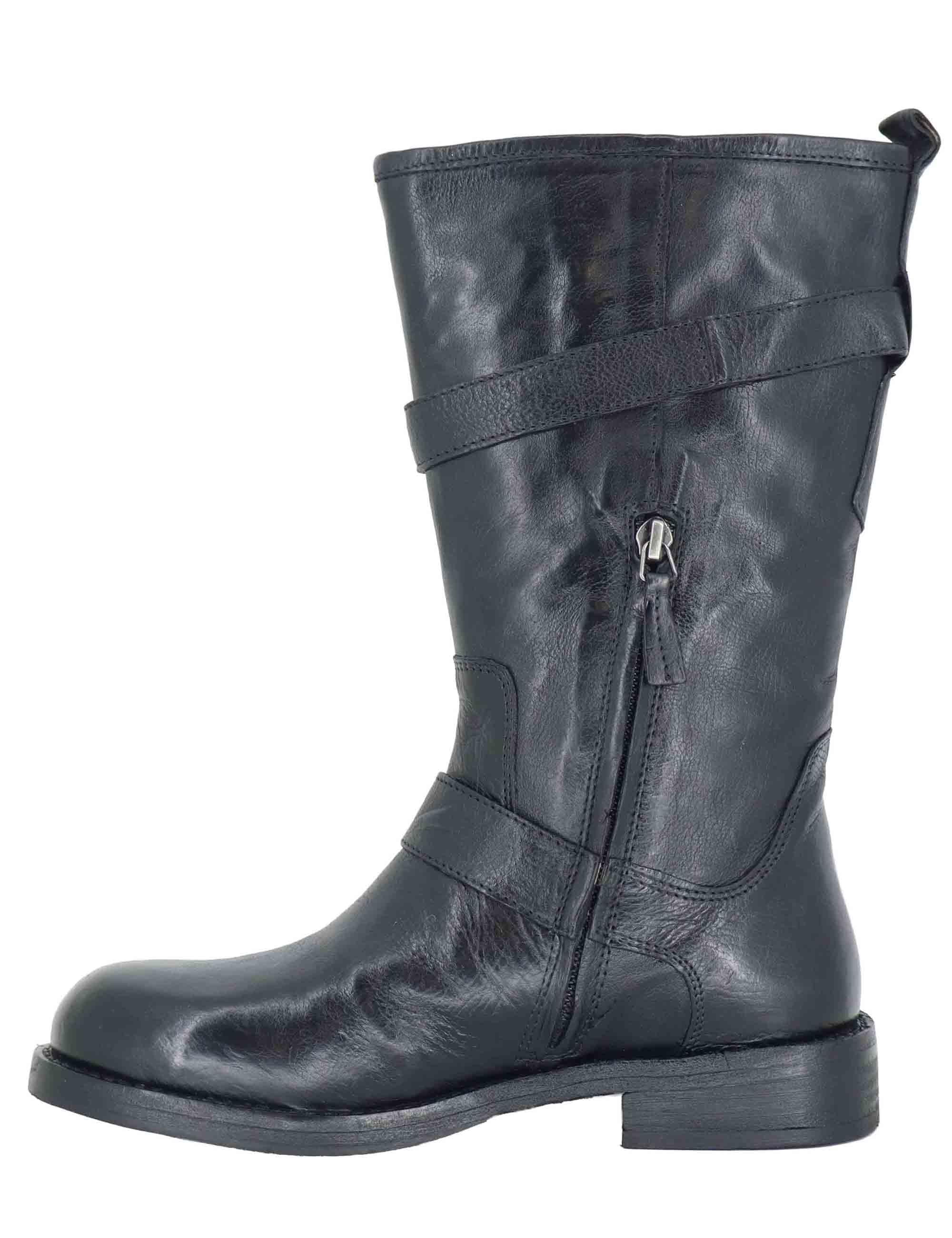 Stivaletti donna in pelle nera con tacco basso e cinturini 252-22-23 BLACK Zolfo 
