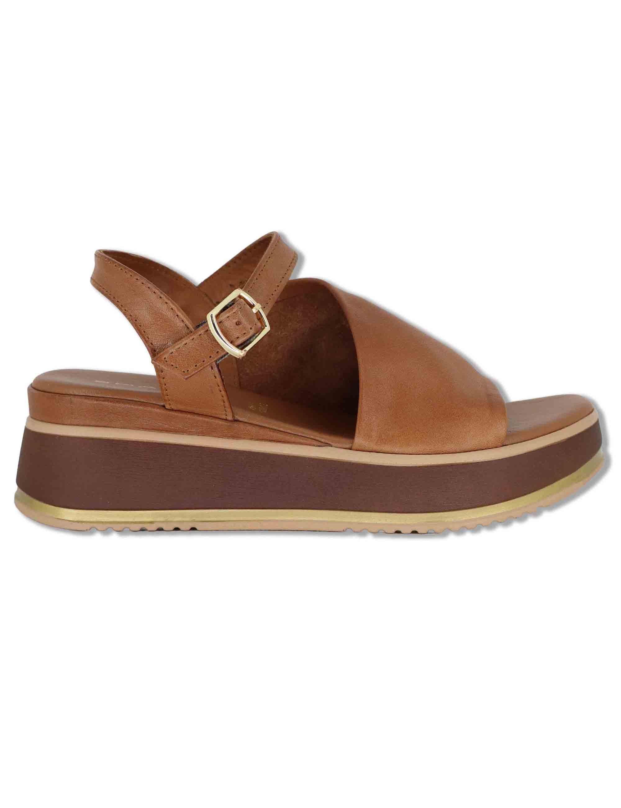 Sandali donna in pelle cuoio con cinturino alla caviglia e zeppa medio SP230935 014 Spatarella 
