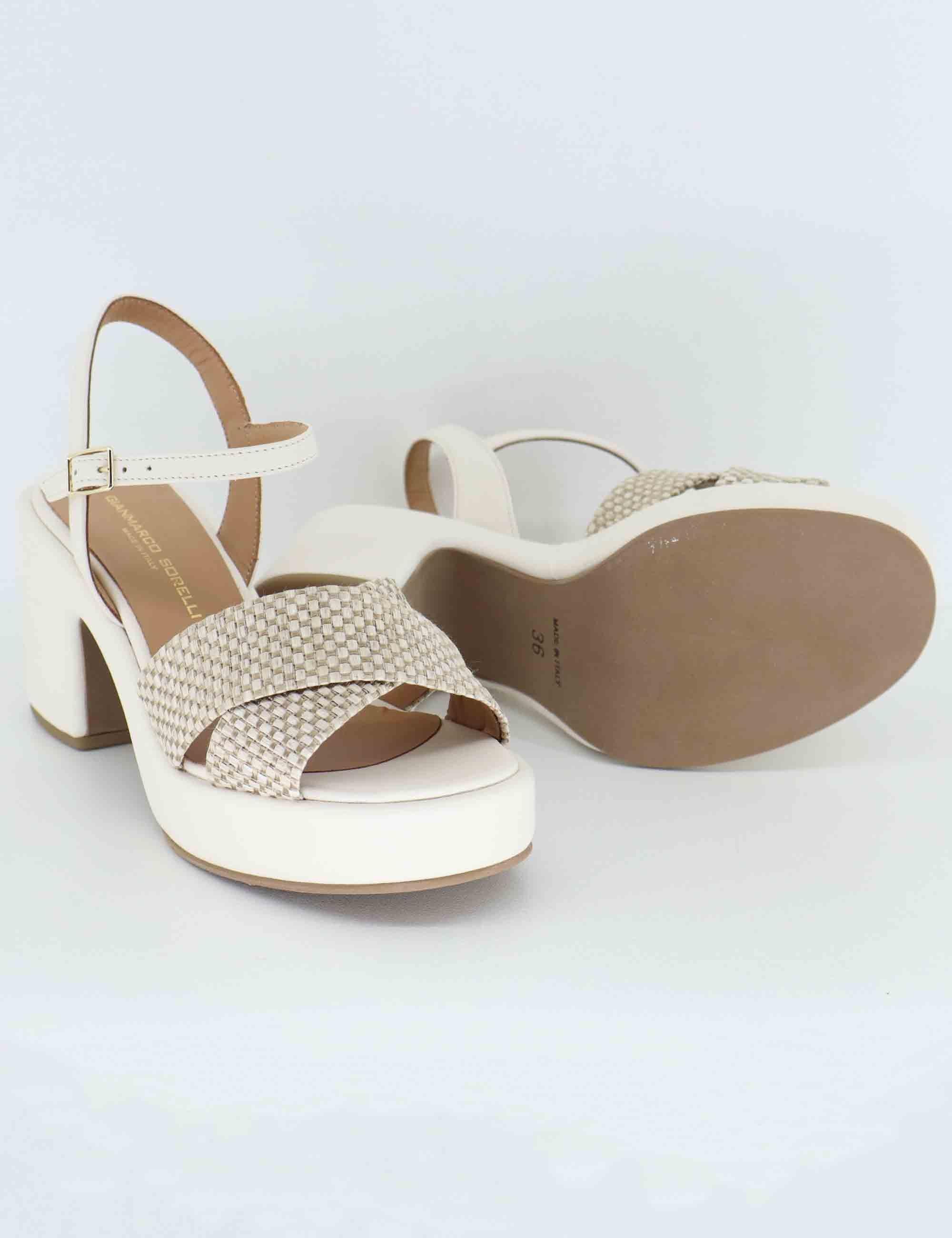 Sandali donna in pelle e tessuto off white con zeppa 2150 1 Gianmarco Sorelli 
