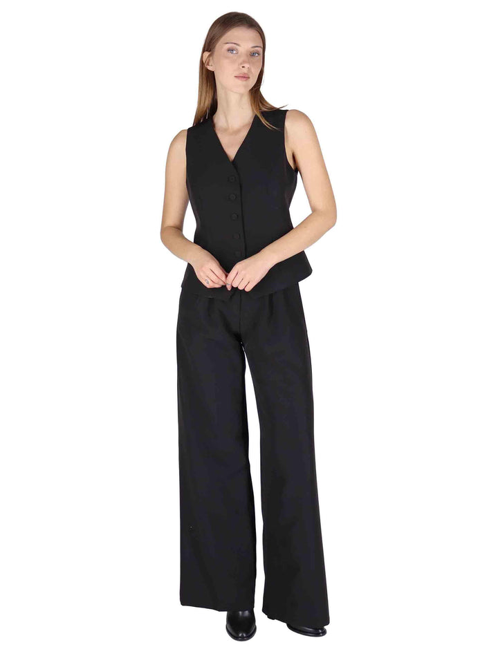 Gilet donna in tessuto nero con bottoni tono su tono e scollo a v OABGI0025-0519 9999 Justmine 