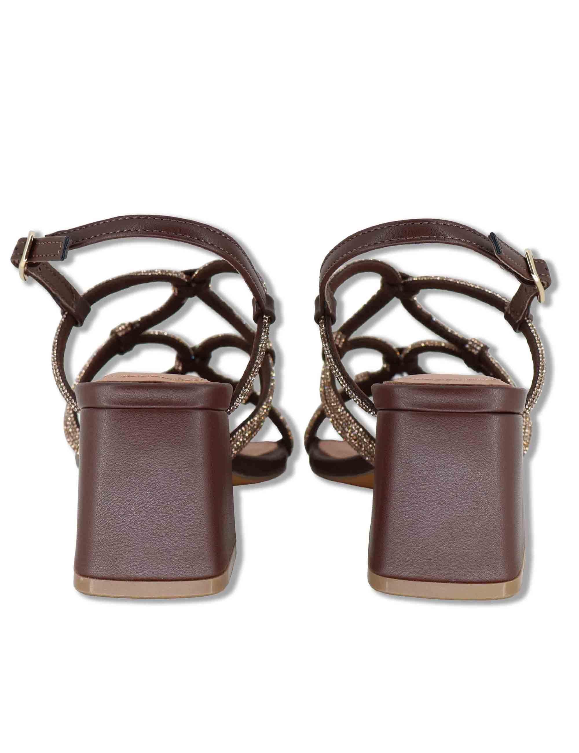 Sandali donna in pelle marrone con strass e tacco medio Quail 958Z00HG 90-MARRON Bibi Lou 