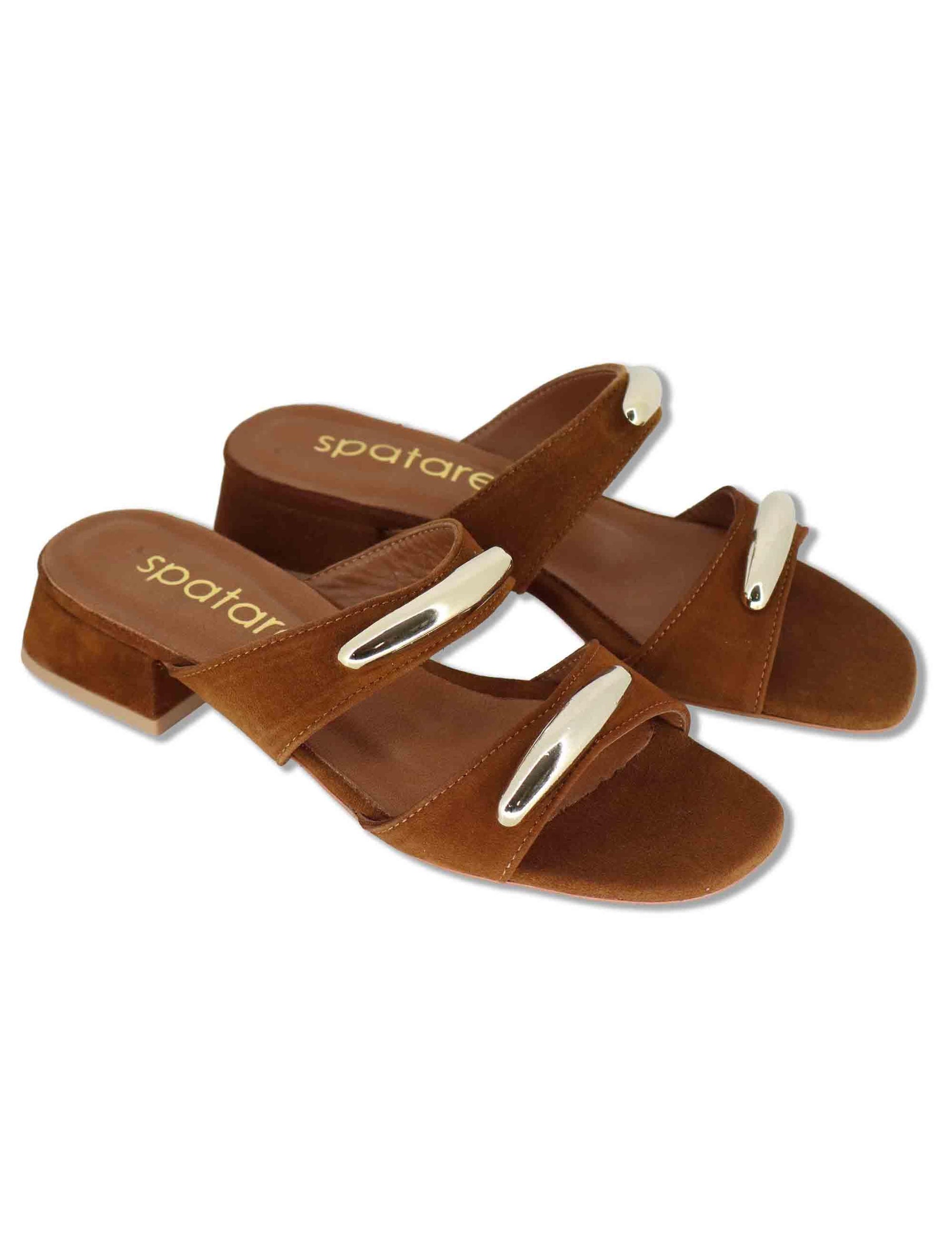 Sandali donna in camoscio cuoio doppia fascia con accessori e tacco basso SP261528 014 Spatarella 