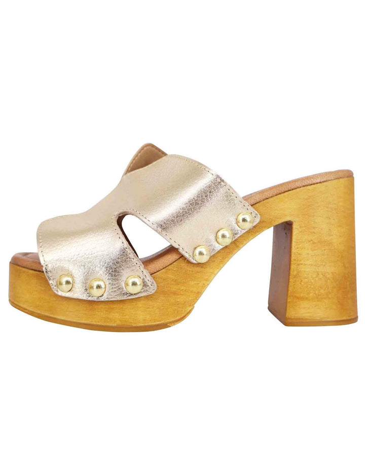 Sandali zoccoli donna in pelle platino con fibbie oro e tacco alto SR8484 602 Sandro Rosi 