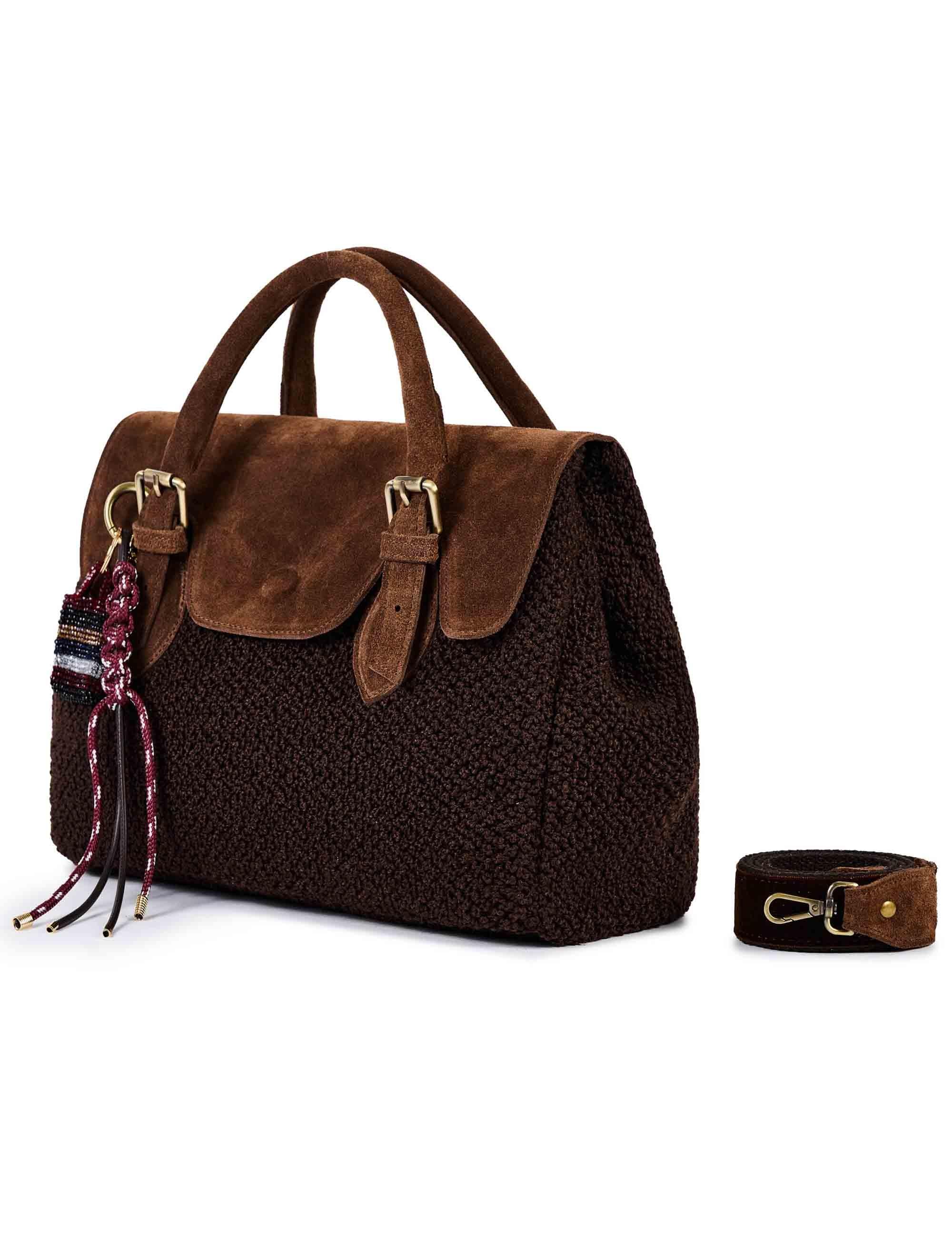 Borse donna in cotone boucle e camoscio marrone con tracolla removibile SIENNA H01 Via Mail Bag 