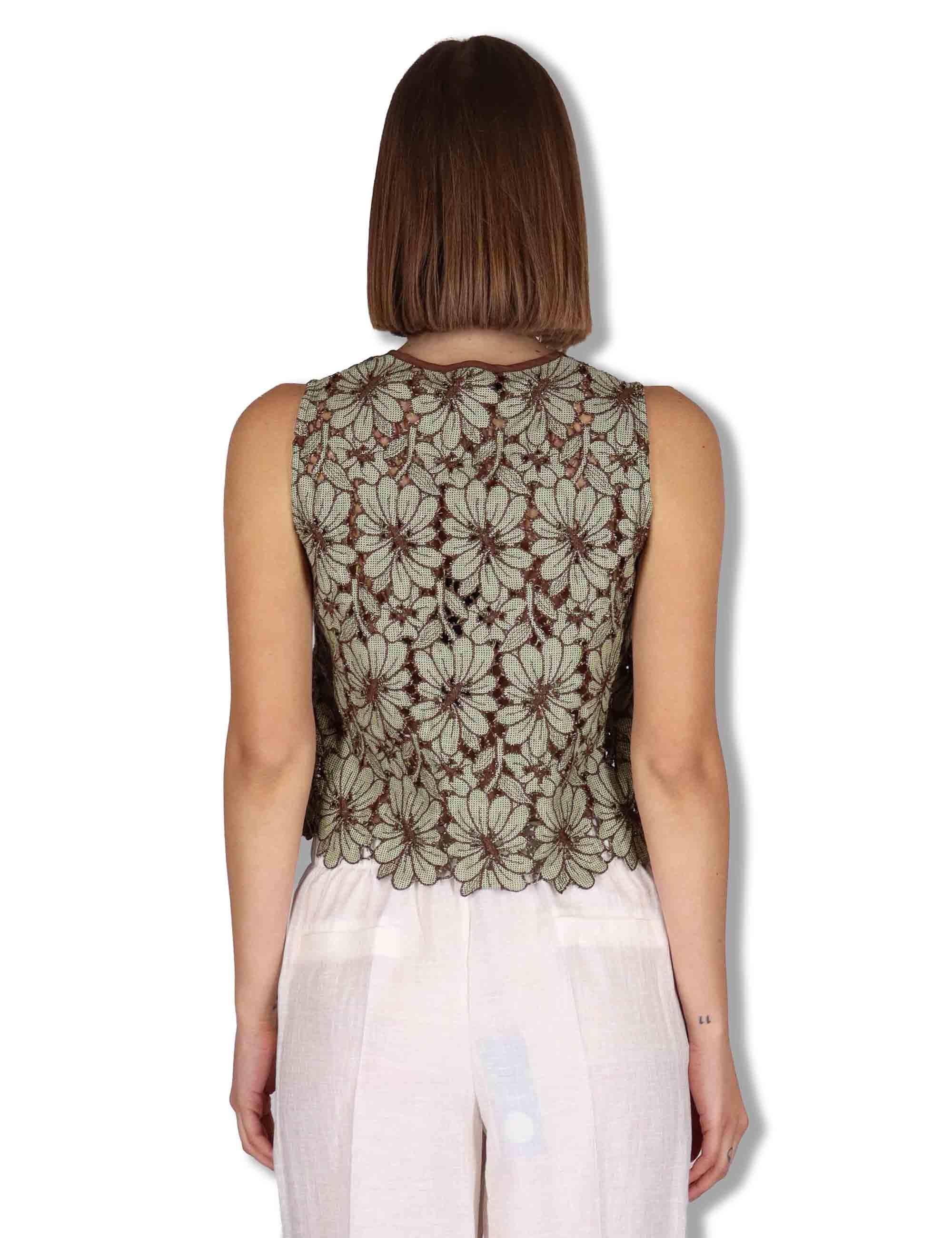 Gilet donna in macrame verde ricami floreali e nappine JABGI0001-F1504-1251 7046 Justmine 