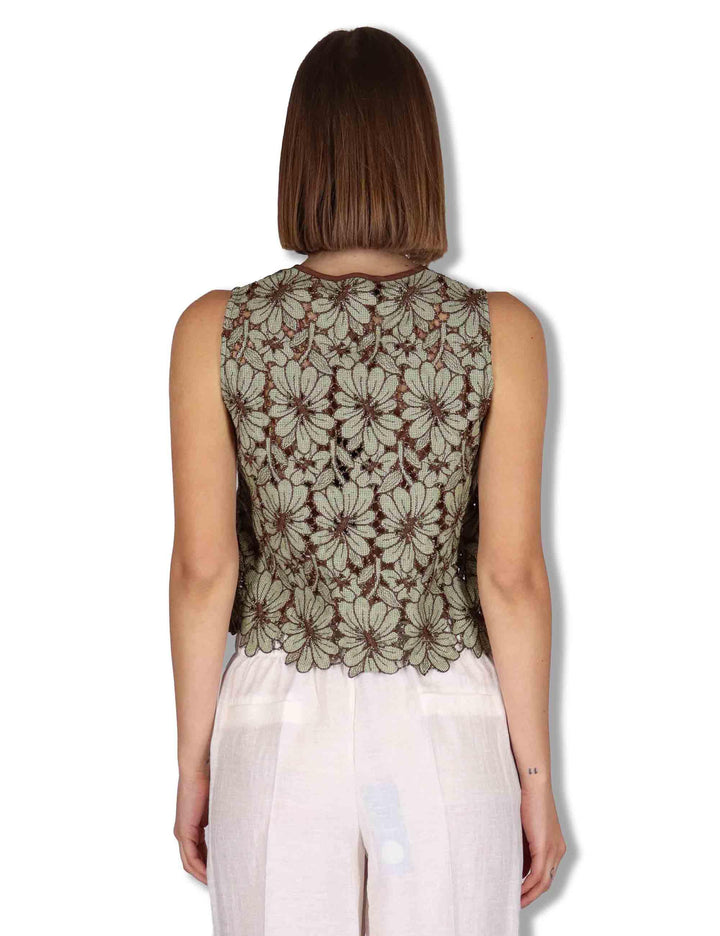 Gilet donna in macrame verde ricami floreali e nappine JABGI0001-F1504-1251 7046 Justmine 
