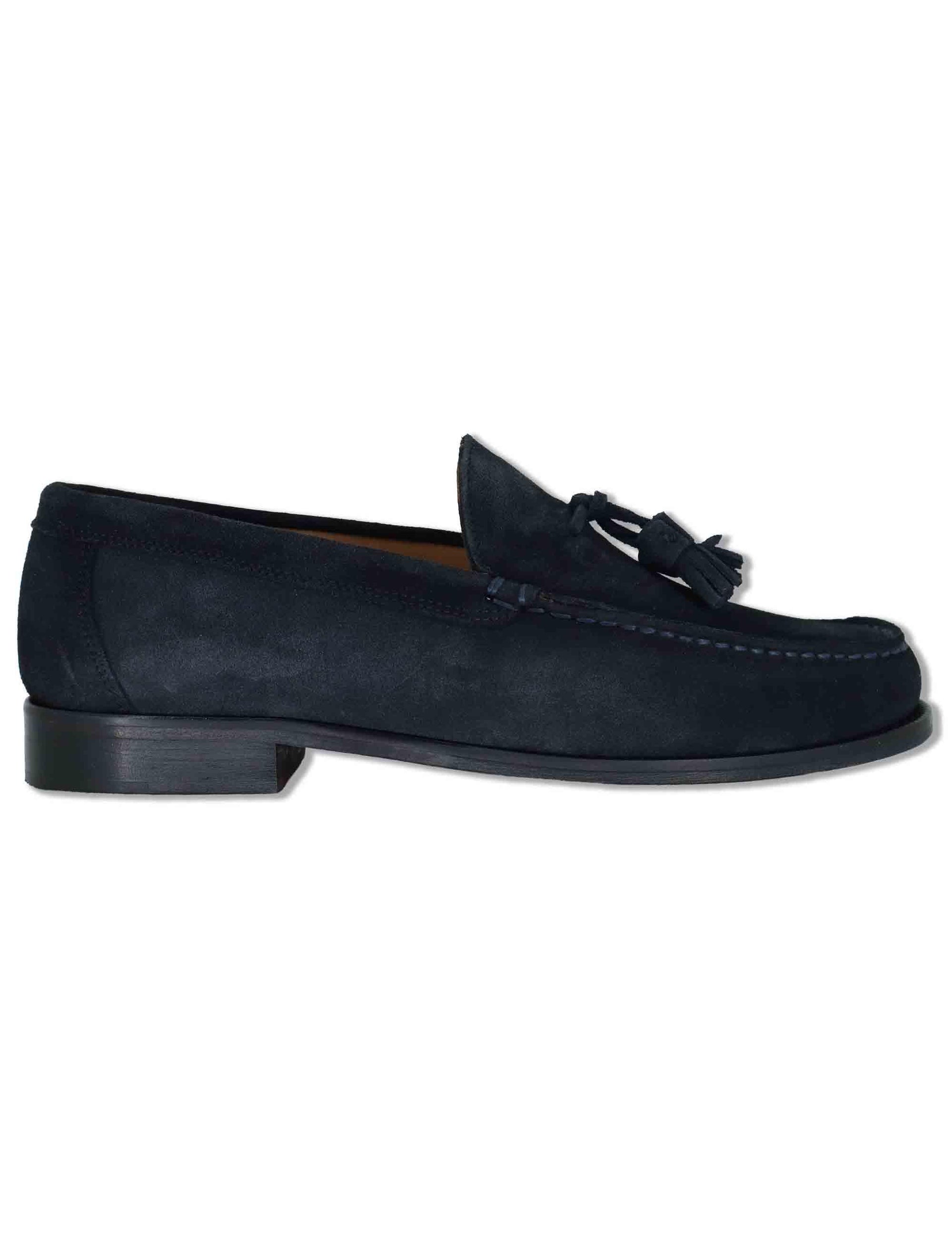 Mocassini uomo in camoscio blu con nappine e suola in cuoio cucita SPSBG1020 002 Spatarella 