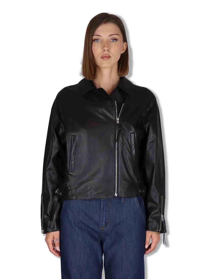 Giubbini donna chiodo in pelle nera con zip e tasche RWJ104 047 Rehard 