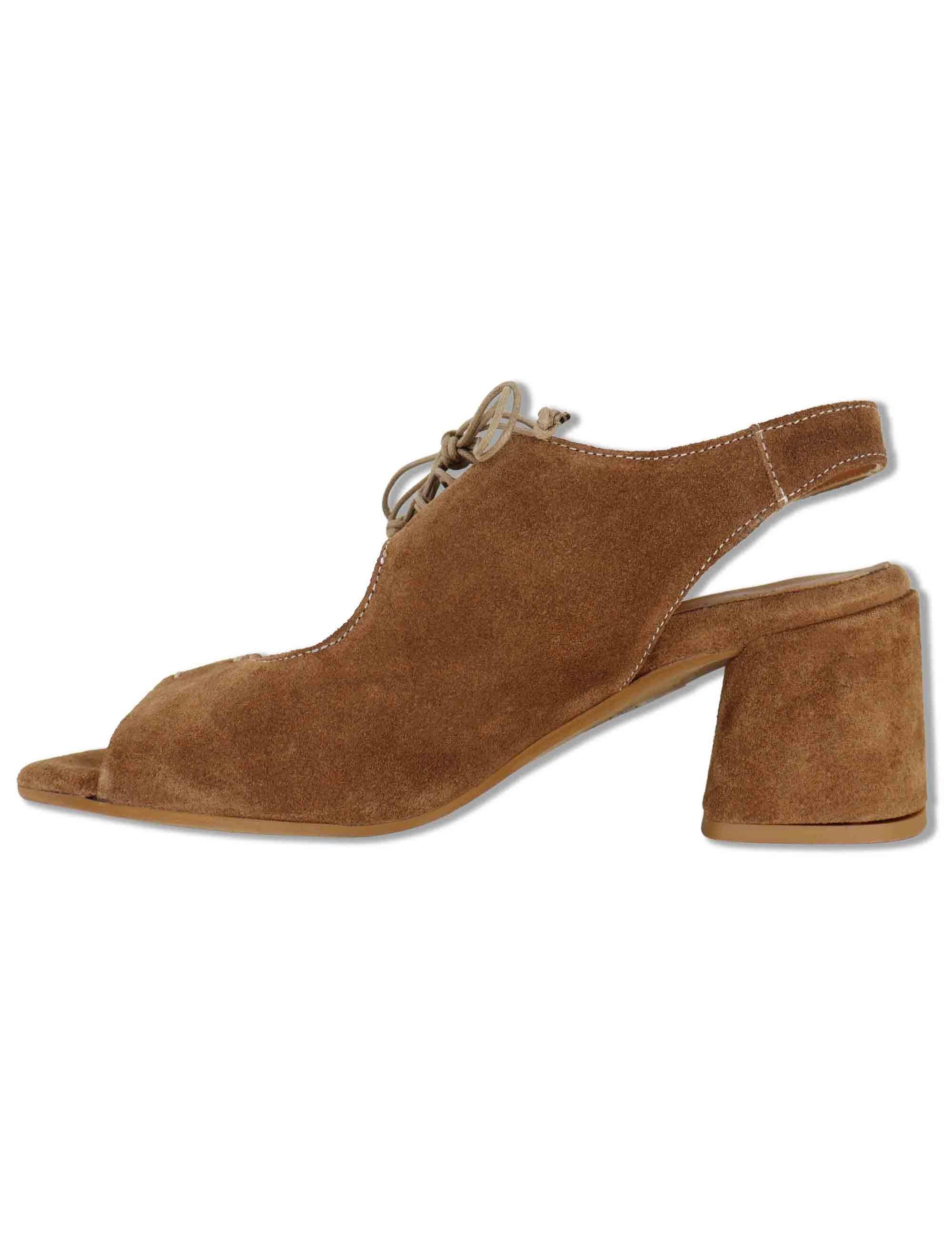Sandali donna in camsocio cuoio con laccetti e tacco medio SP8218 014 Spatarella 