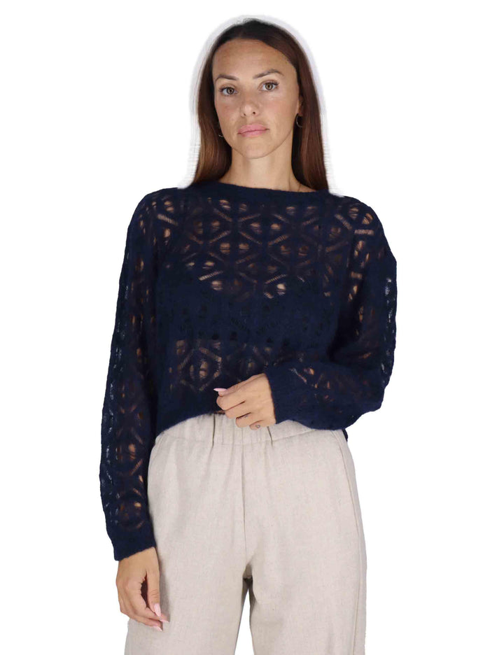 Maglioni donna in lana blu effetto pizzo maniche lunghe 3W25-MAIS SHAG NIGHT TreBarraBi 