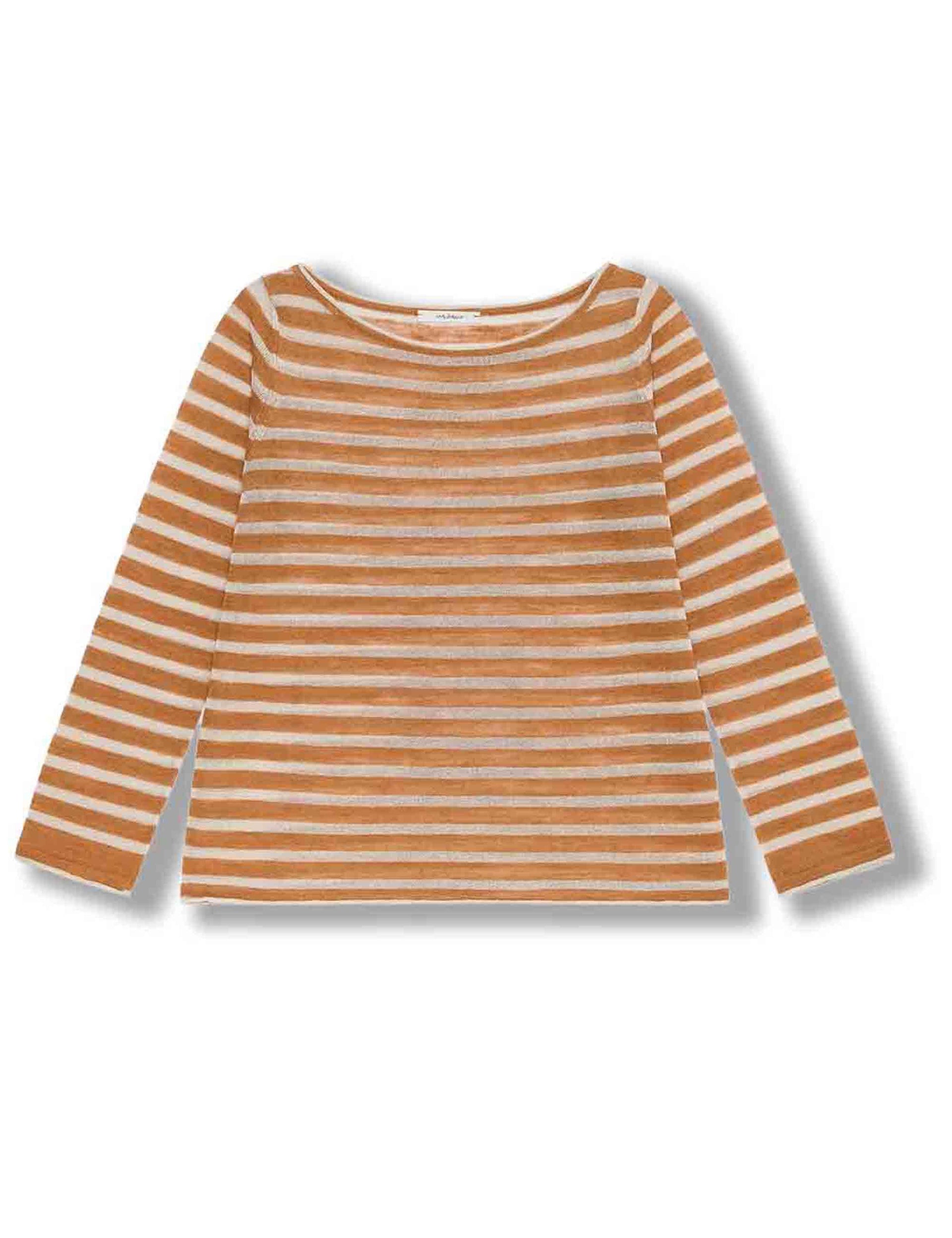 Maglie donna Summer Linen in misto lino cammello e beige a strisce JQ509178148 12B11 Maliparmi 