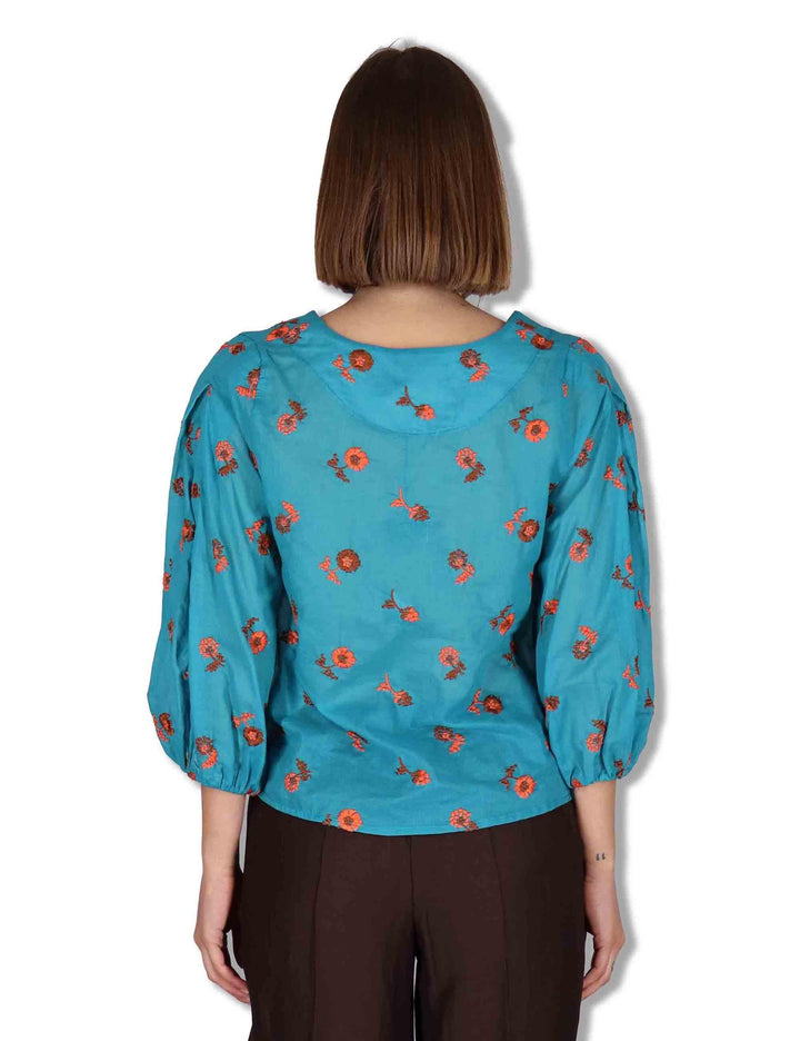 Camicie donna in cotone turchese con ricami florali e maniche a 3/4 JABCM0001-F1509-1231 6005 Justmine 