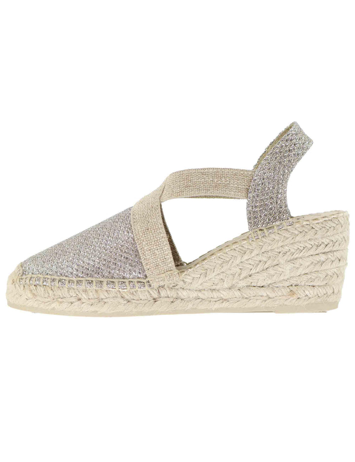 Sandali espadrillas donna in tessuto laminato argento con elastici Triton Plati Toni Pons 
