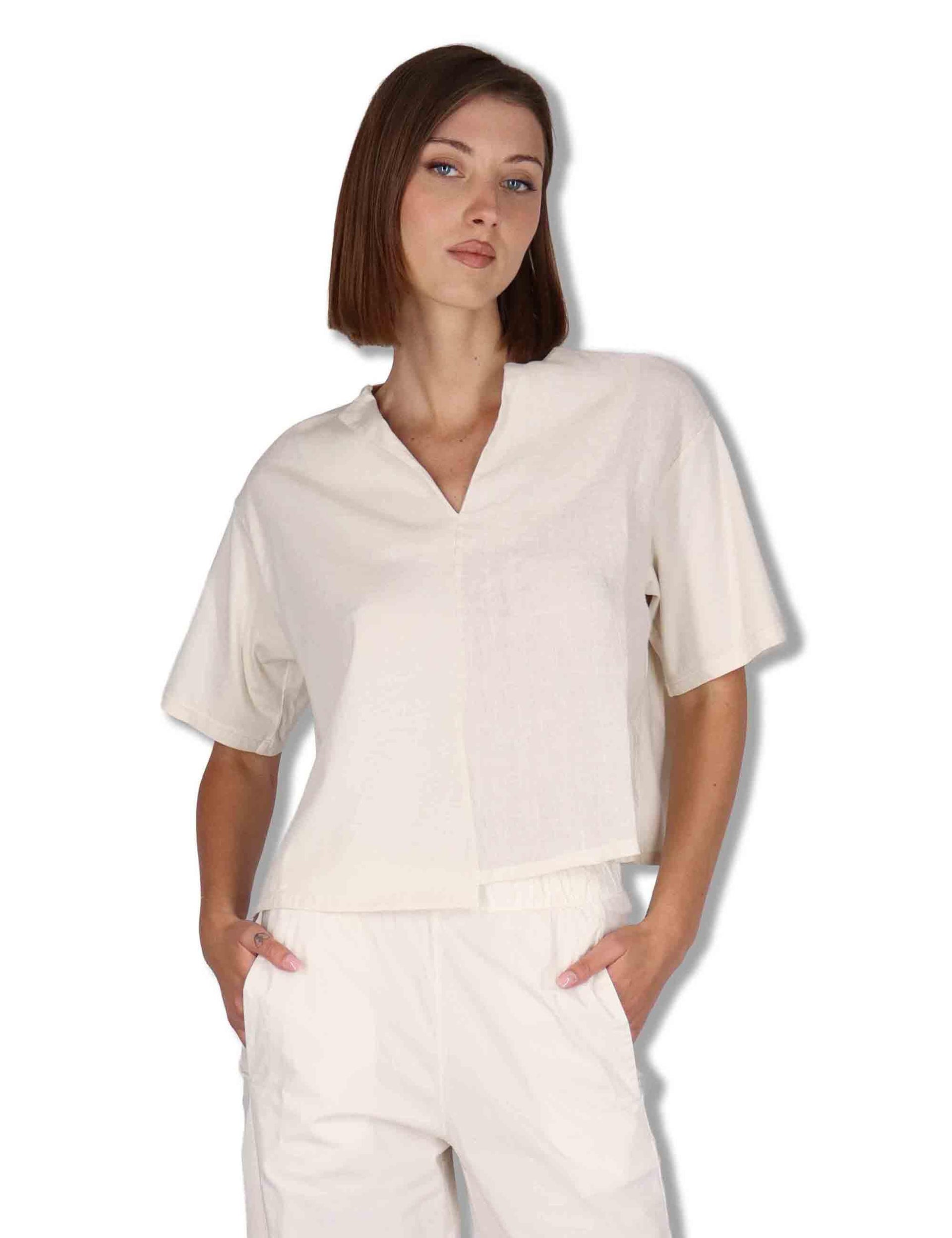 T-Shirt donna in cotone off white con scollo serafino e maniche 3/4 TORENIA JLIN_BUTTER TreBarraBi 