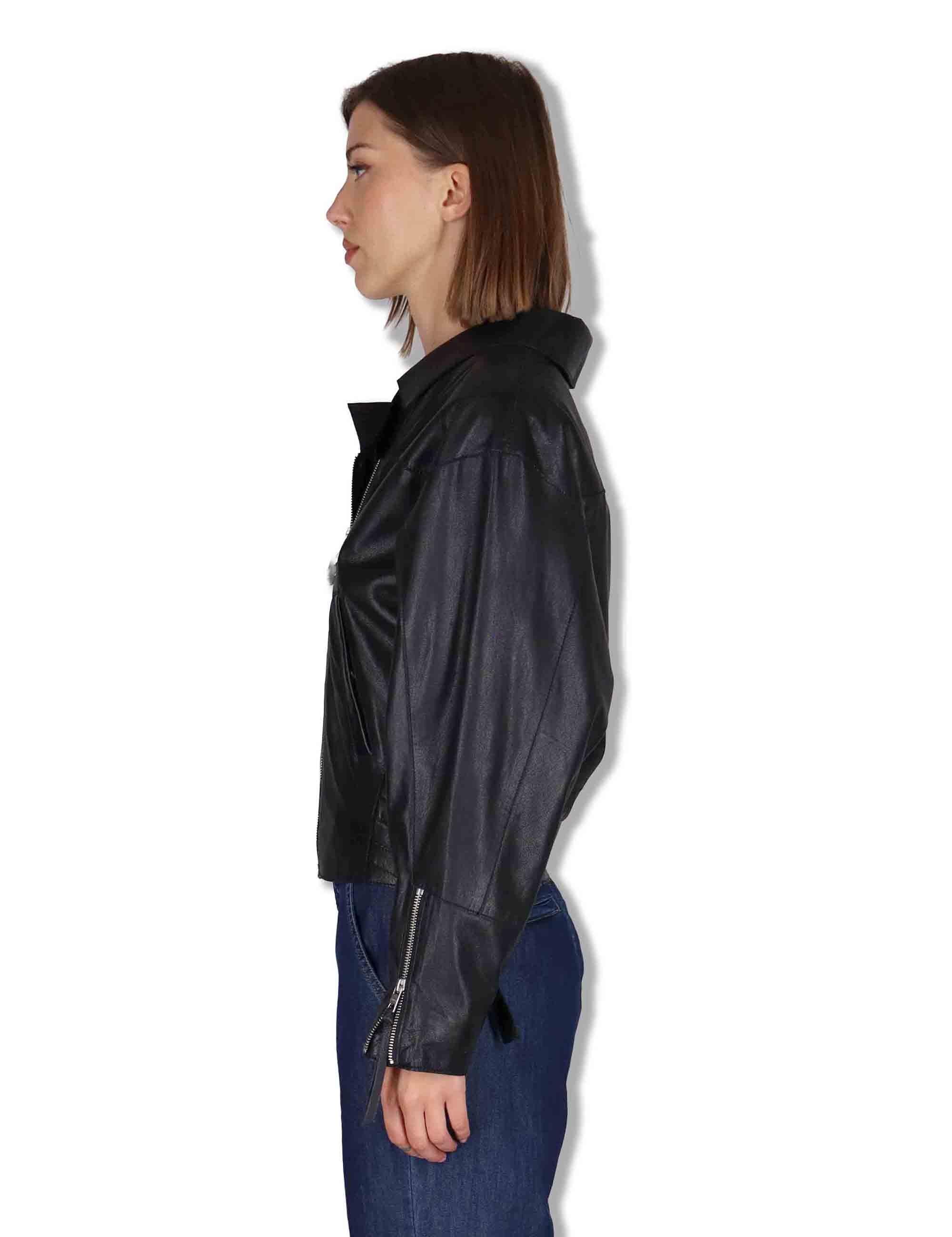 Giubbini donna chiodo in pelle nera con zip e tasche RWJ104 047 Rehard 