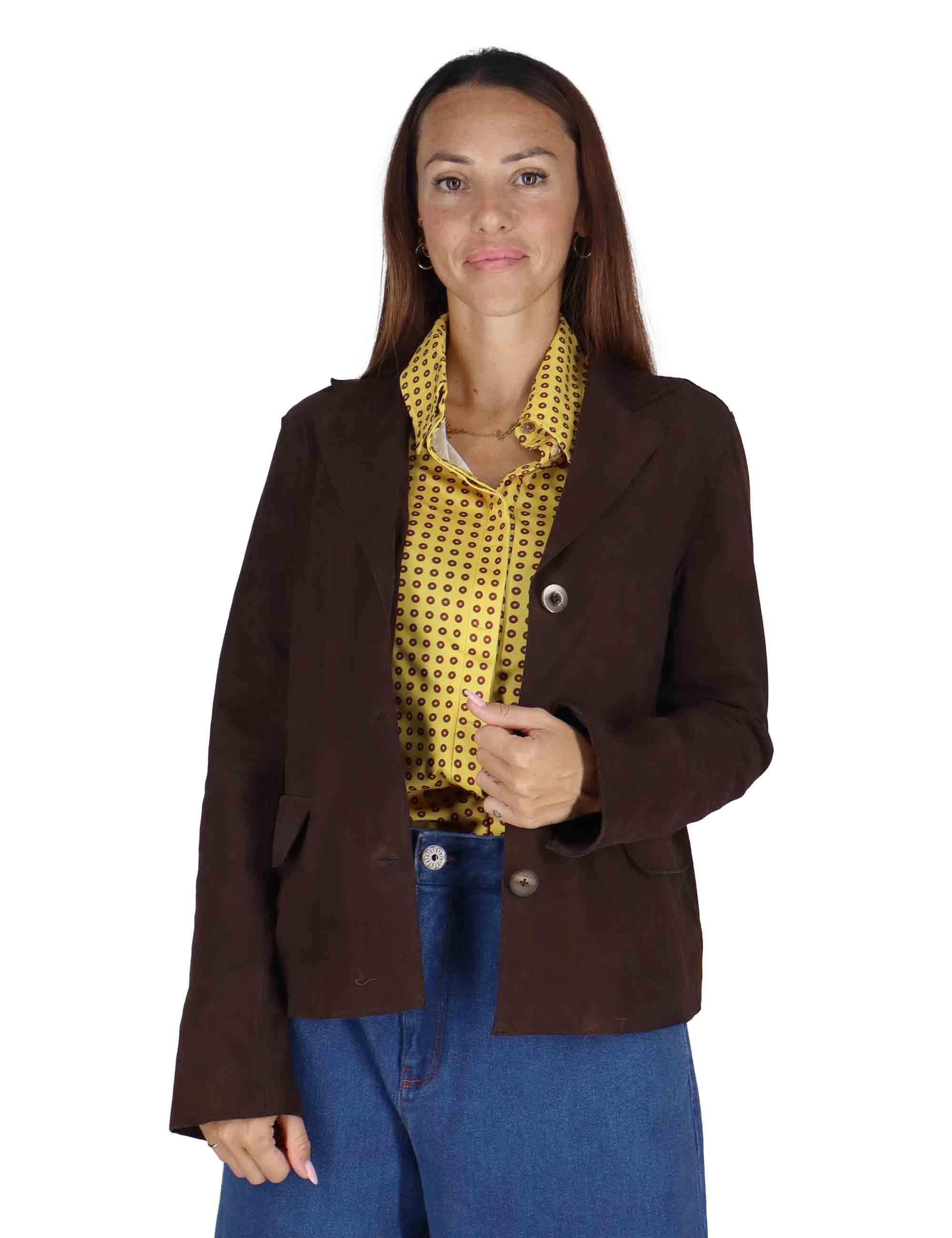 Giacche donna in camoscio marrone monopetto con bottoni gioiello SP1527 0014 Spatarella 