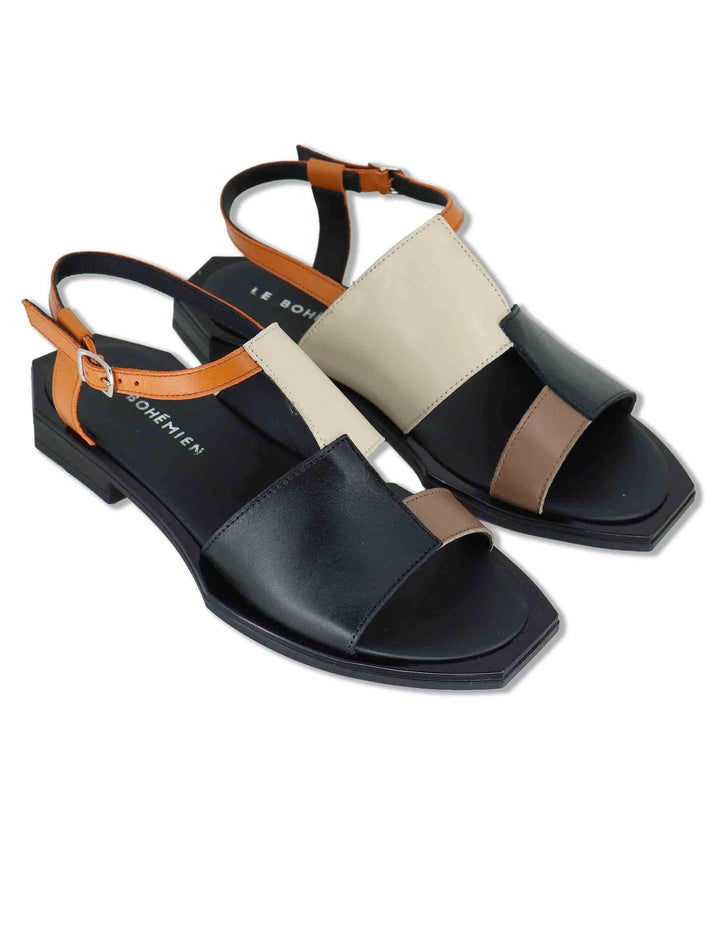 Sandali donna slingback in pelle nera e off white con tacco basso SC09 2 Le Bohemien 