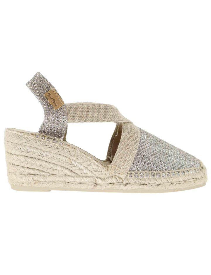 Sandali espadrillas donna in tessuto laminato argento con elastici Triton Plati Toni Pons 