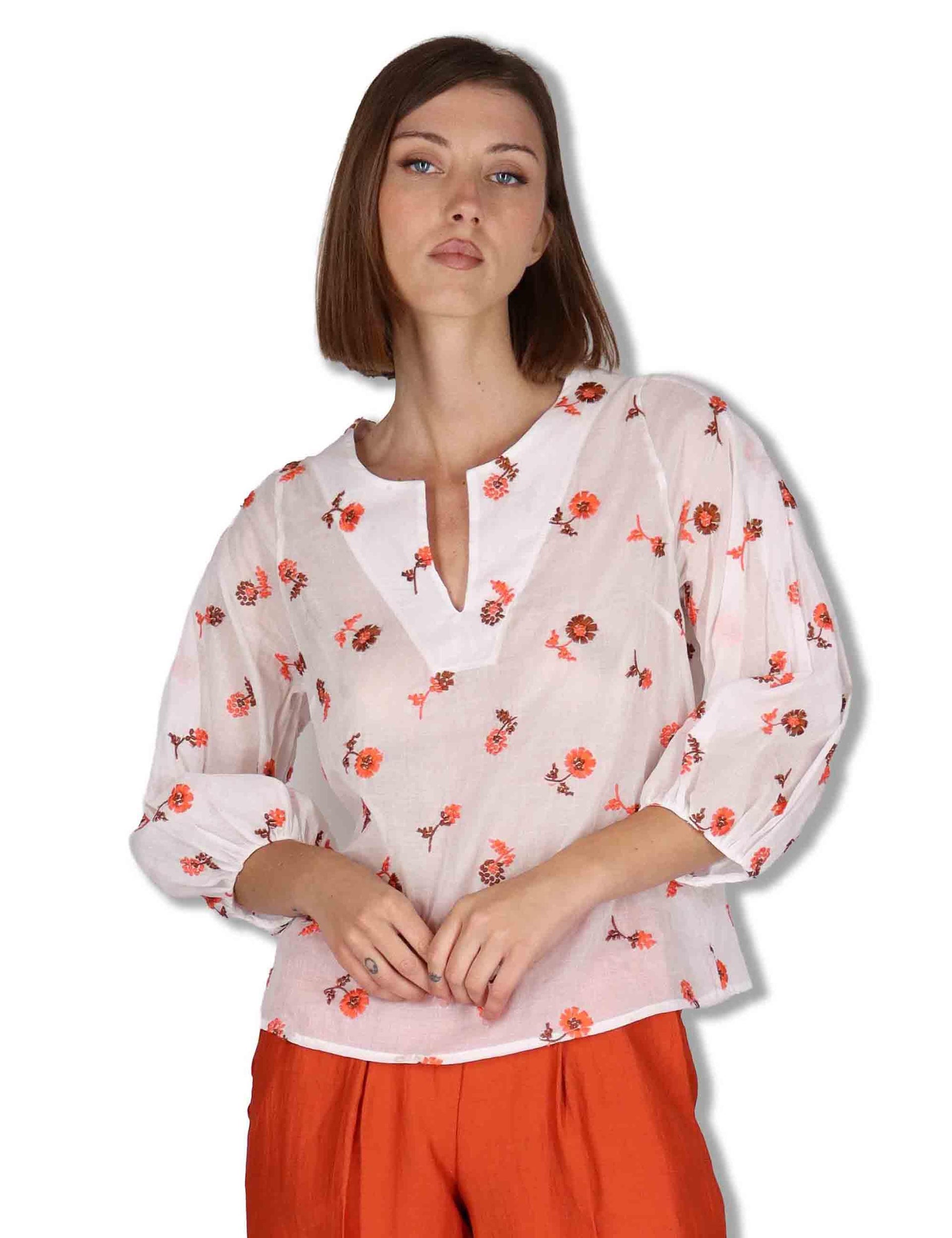 Camicie donna in cotone off white con ricami florali e maniche a 3/4 JABCM0001-F1509-1231 85 Justmine 