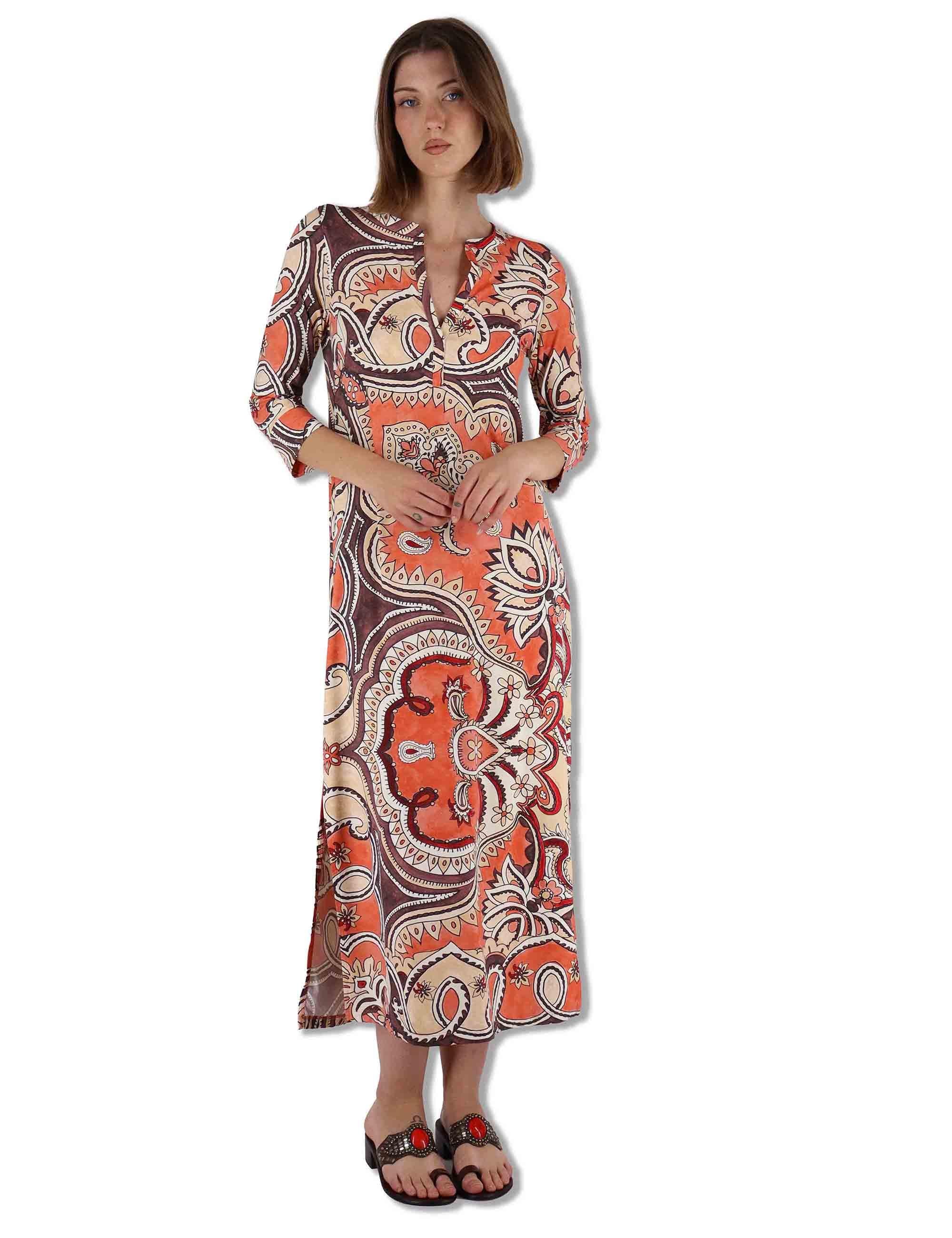 Abiti donna kaftani Hippie Lotus in tessuto bianco a fantasia con maniche 3/4 JF667370671 B3107 Maliparmi 