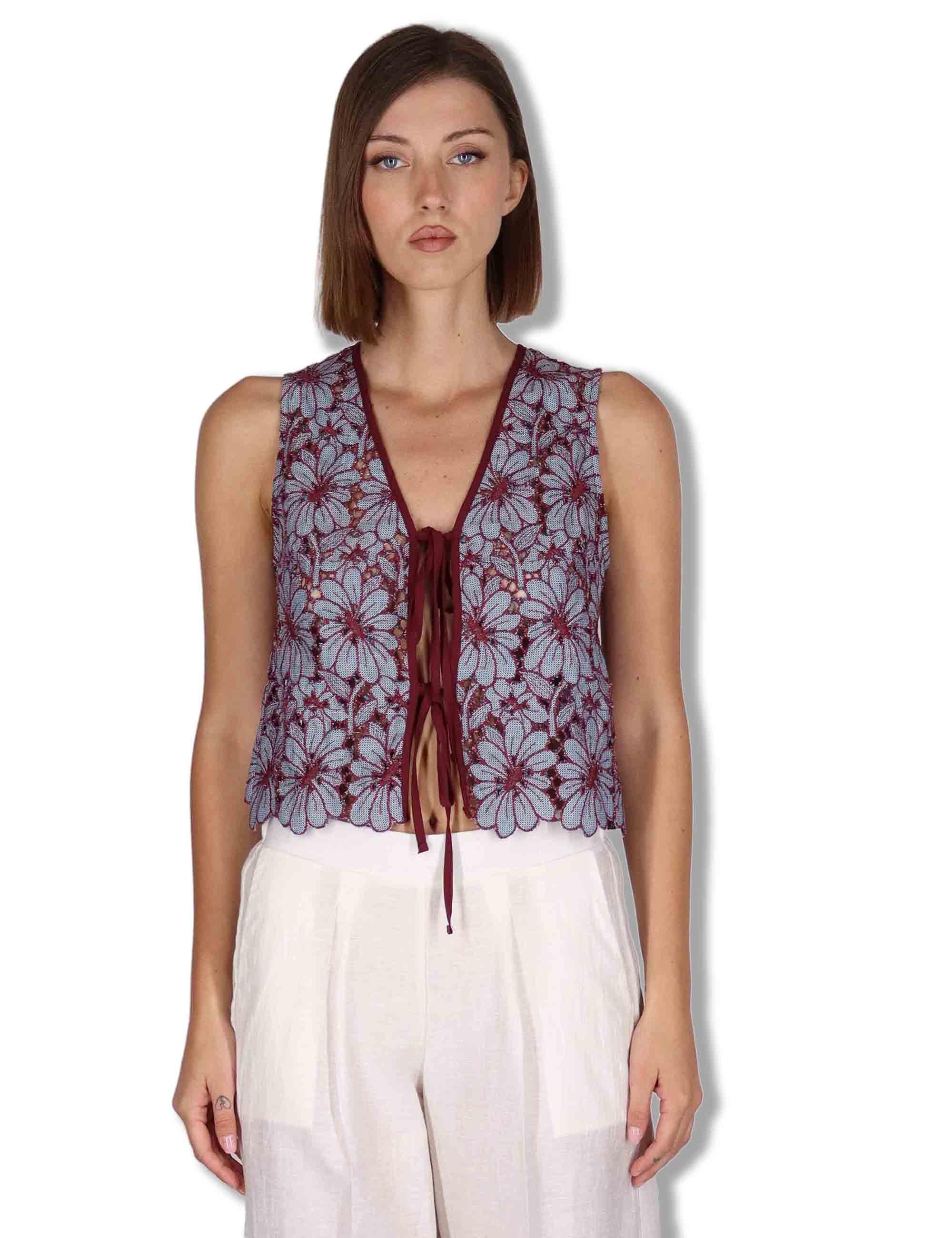 Gilet donna in macrame turchese ricami floreali e nappine JABGI0001-F1504-1251 6005 Justmine 