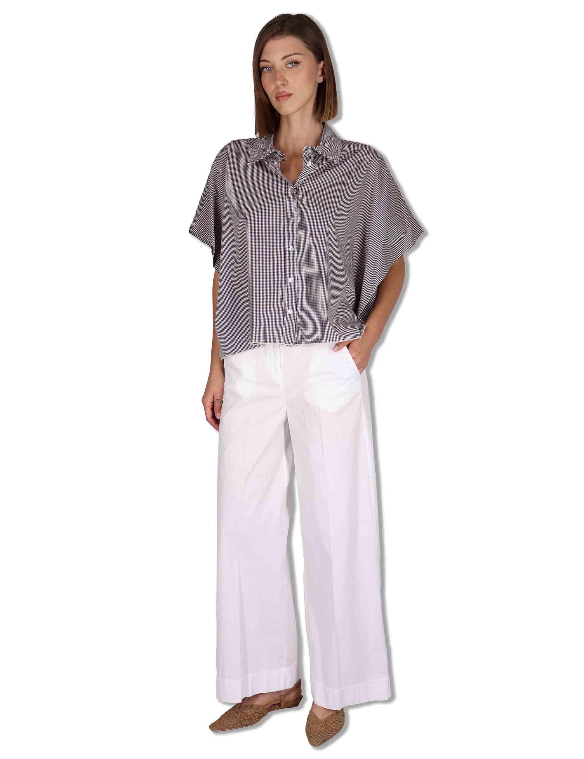 Pantaloni donna in cotone stretch off white a gamba larga PILEA OVO_WHITE TreBarraBi 