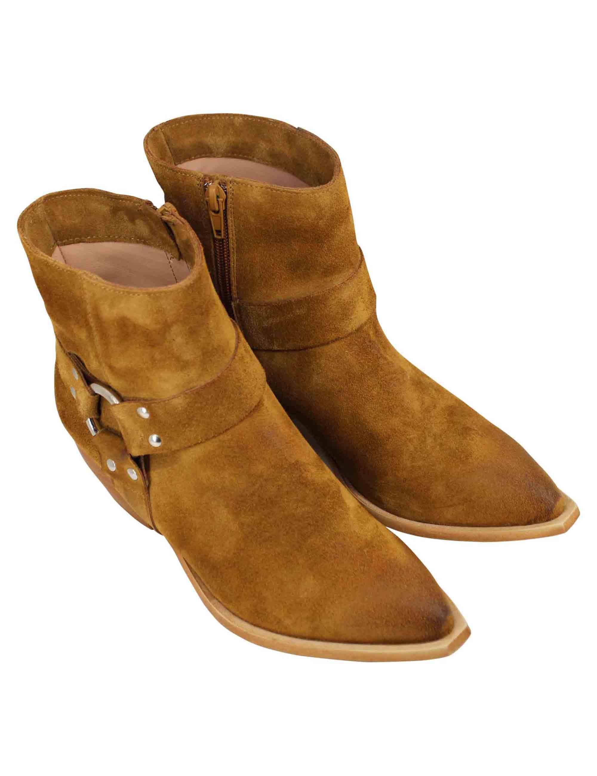 Stivaletti texani donna in camoscio cuoio vintage con accessorio laterale SPELENA 50 014 Spatarella 