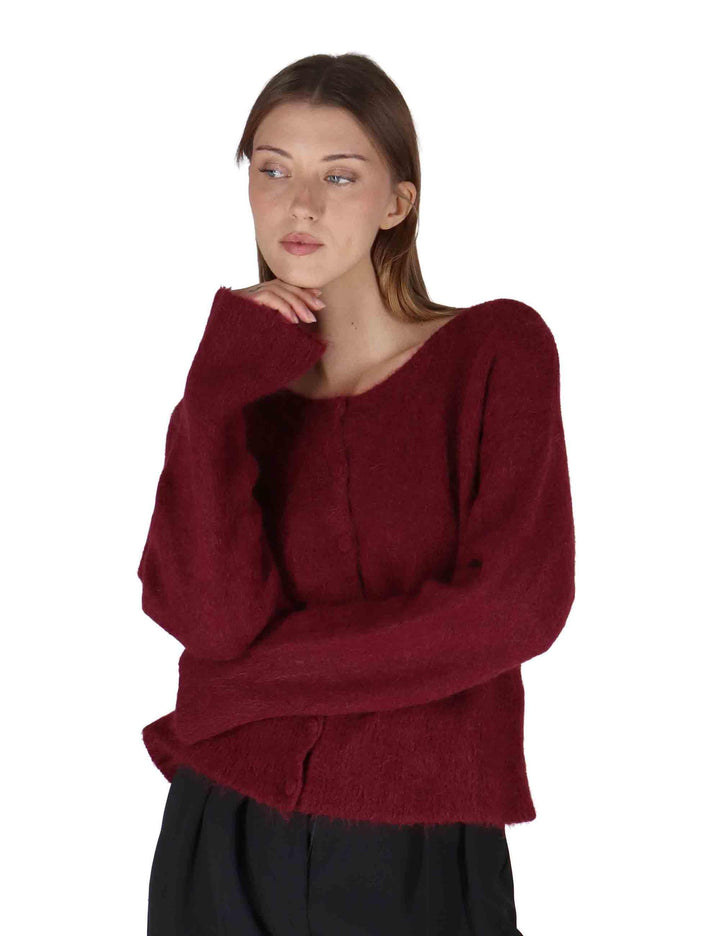 Cardigan donna in lana alpaca bordeaux a girocollo con bottoni in tinta JABMF0025-G073 4280 Justmine 