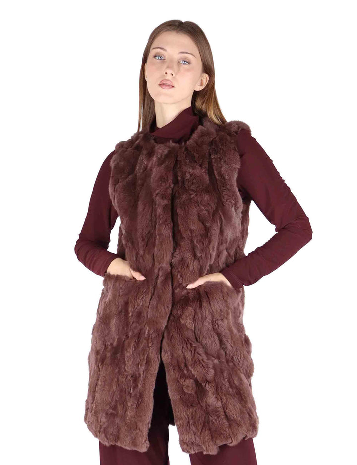 Gilet lunghi donna in lapin bordeaux senza collo SP24165 015 Spatarella 