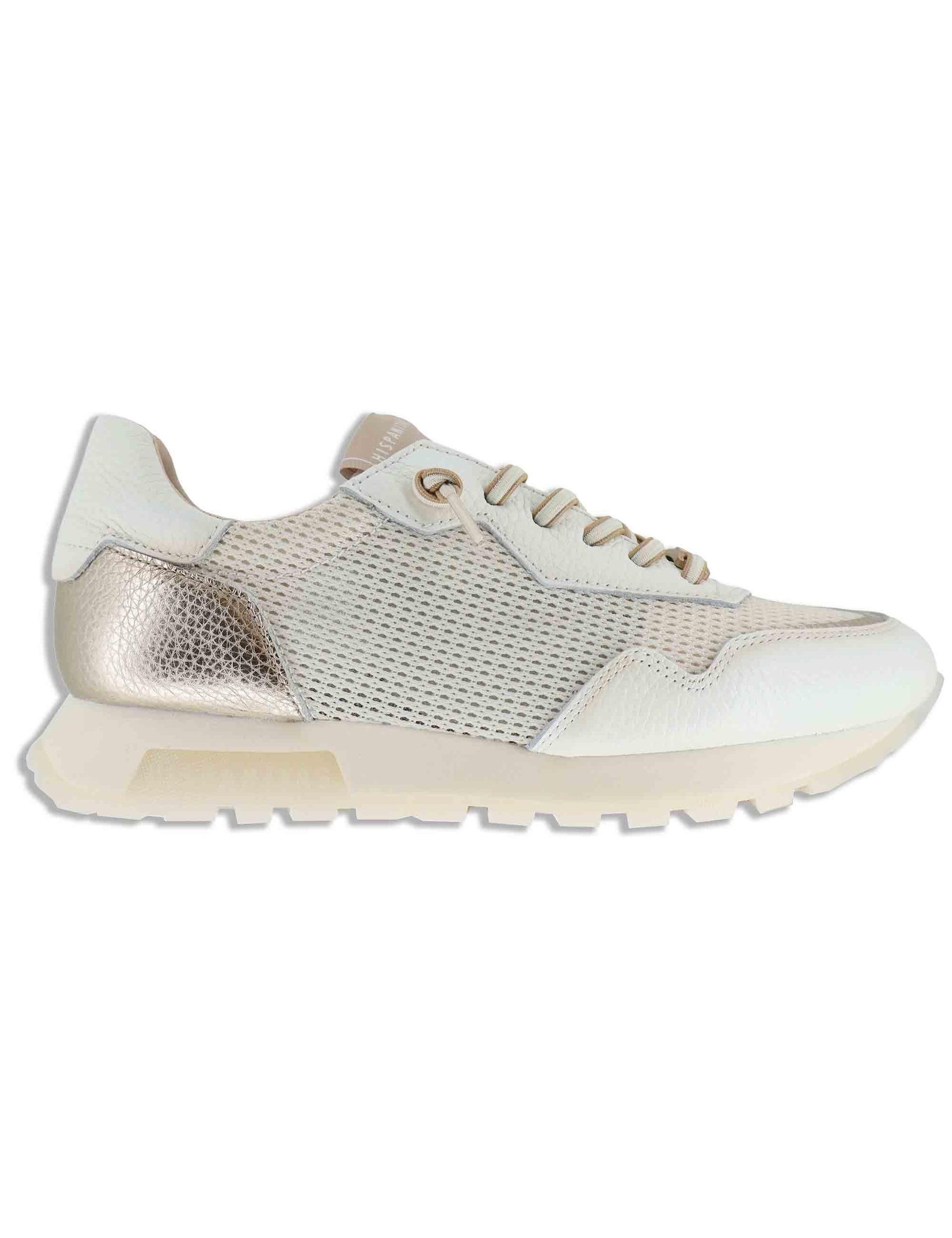 Sneakers donna in pelle e tessuto off white con riporti in pelle platino HV264825 PANNA Hispanitas 