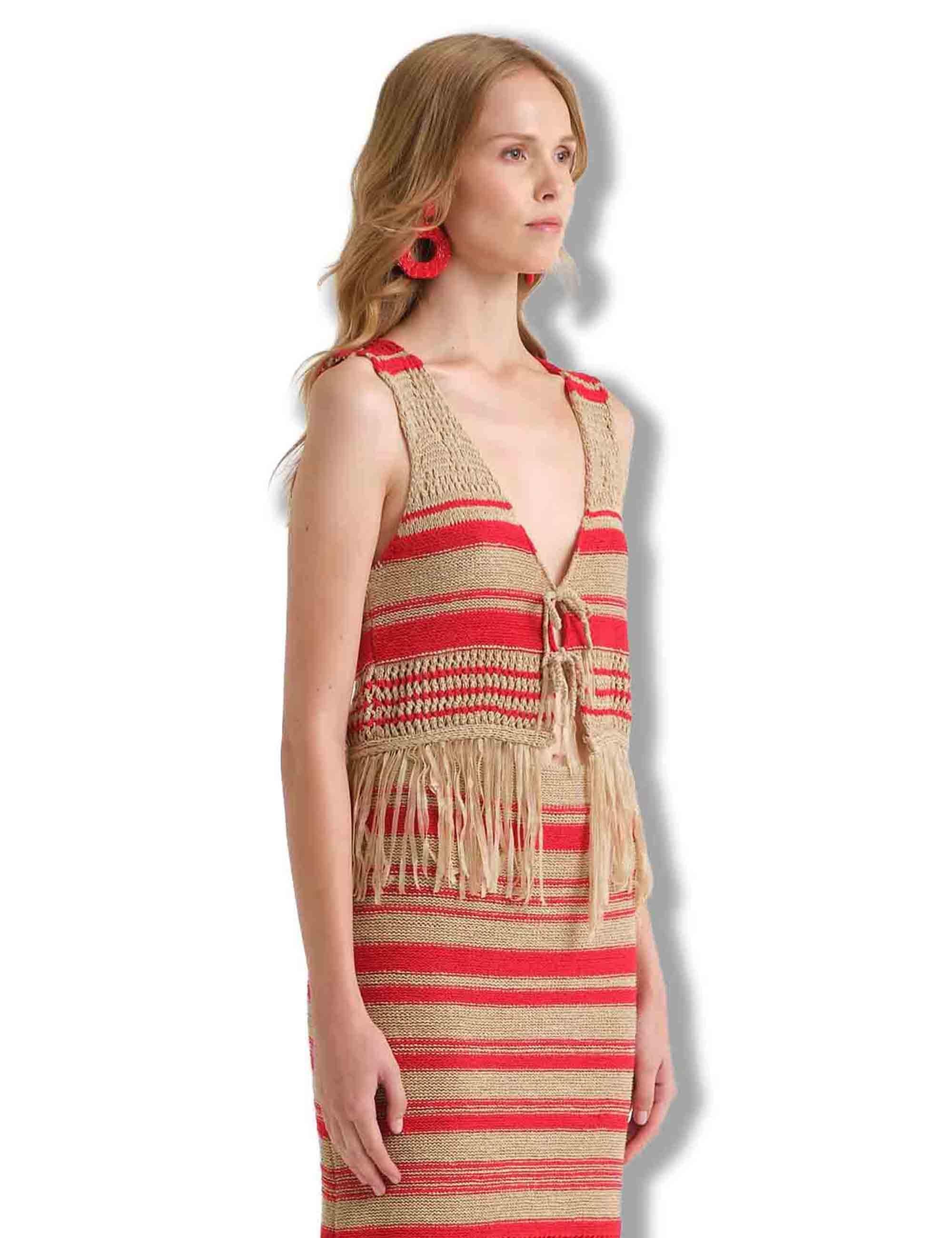 Gilet corto donna Knit Tape in tessuto rigato naturale e rosso con frange JE113078214 11B30 Maliparmi 