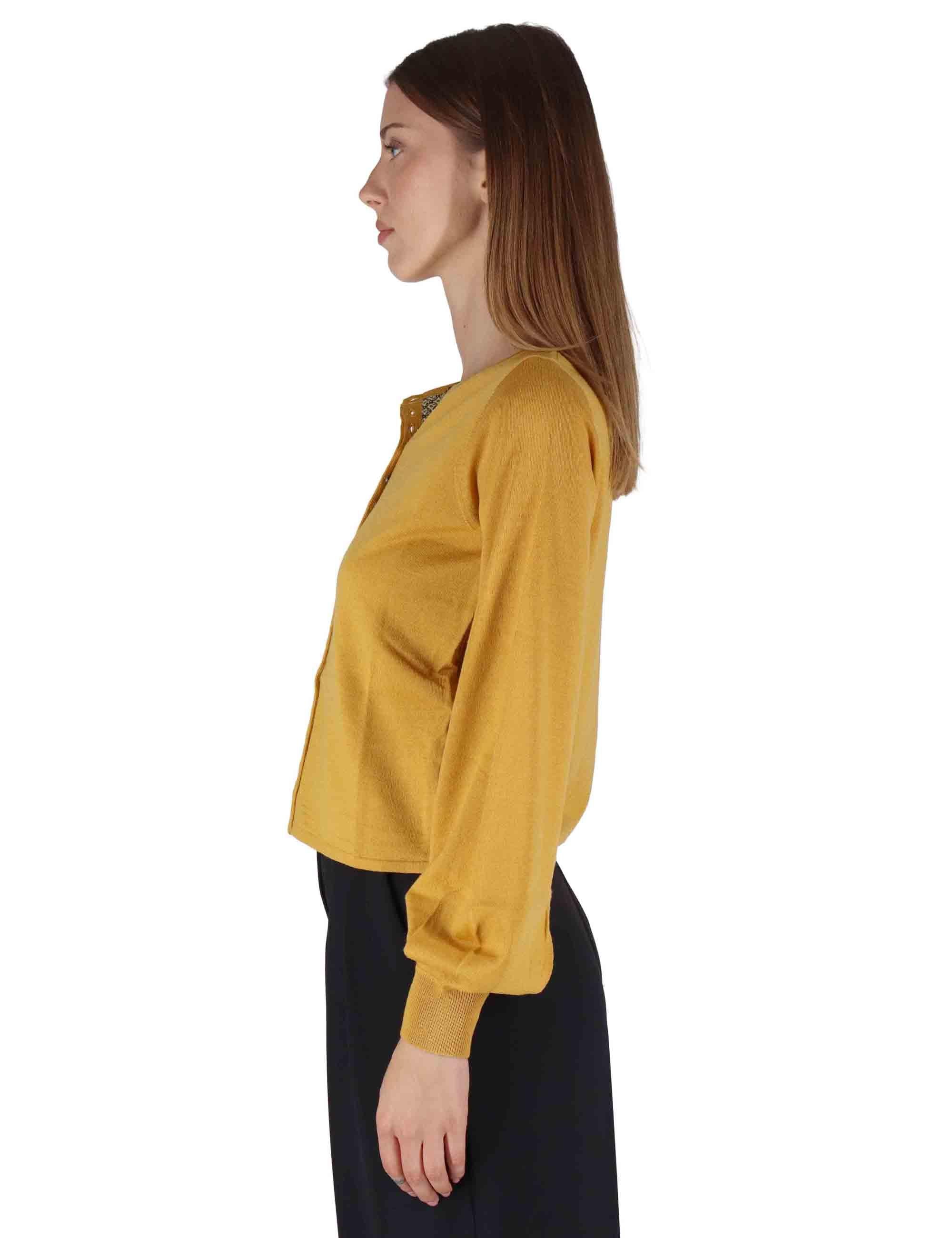 Cardigan donna New Merinos Bland in lana senape a girocollo con bottoncini JN369778199 70013 Maliparmi 